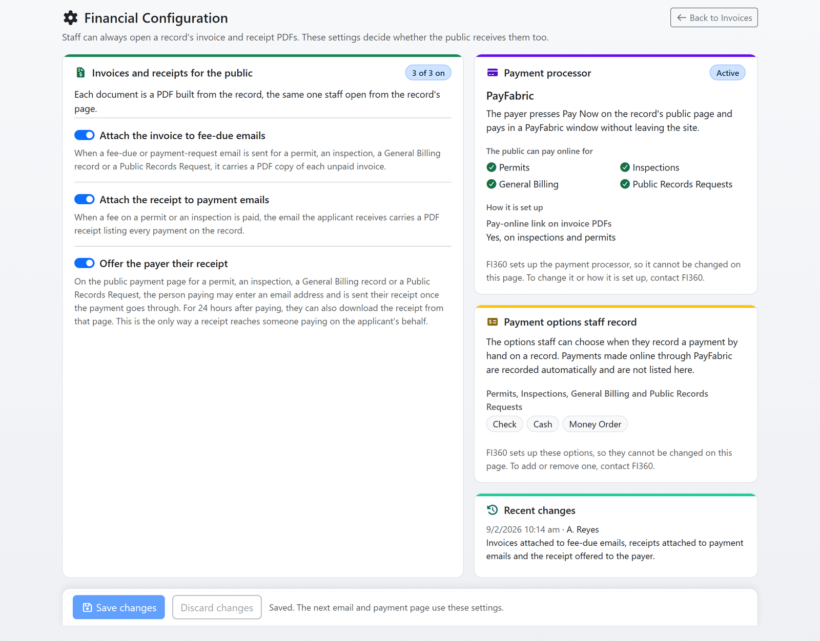 The Financial Configuration page: three switches for the invoice and receipt PDFs the public receives, the payment processor described, the payment options staff record by hand, and the recent changes (sample data)