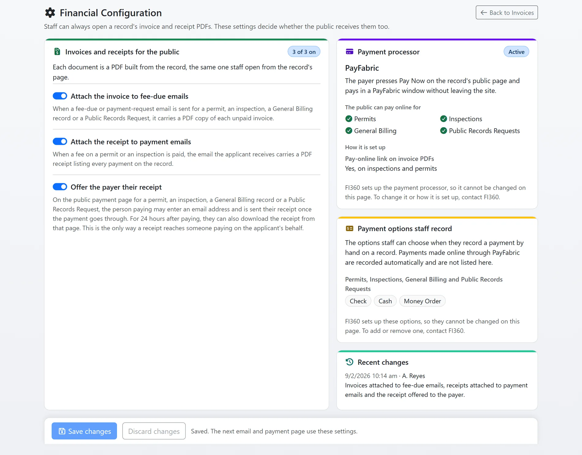 The Financial Configuration page: three switches for the invoice and receipt PDFs the public receives, the payment processor described, the payment options staff record by hand, and the recent changes (sample data)