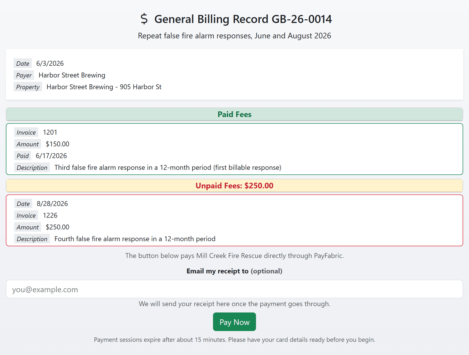 The public payment page for a General Billing record: the paid fee, the unpaid fee, an optional box for the payer's receipt email and the Pay Now button (sample data)