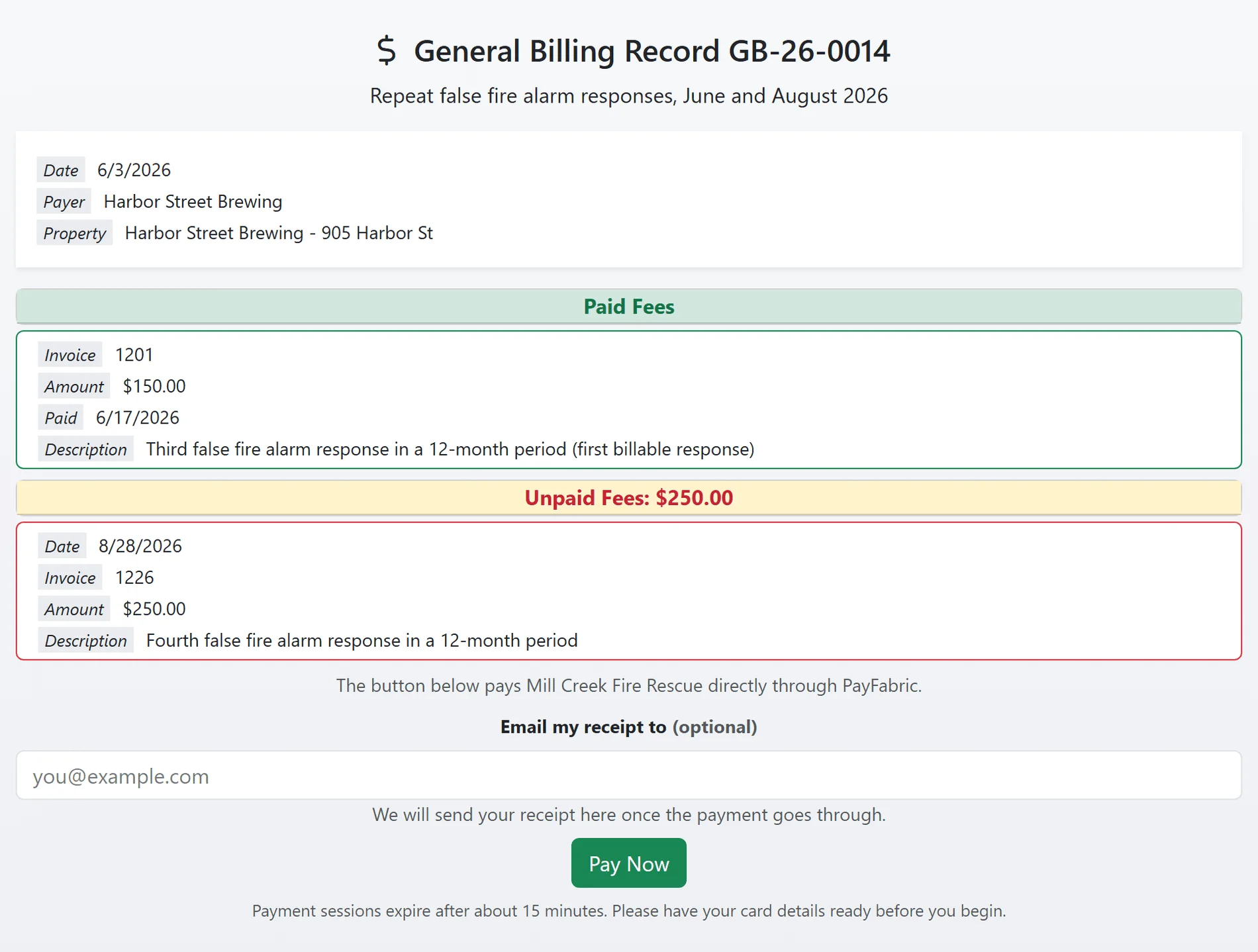The public payment page for a General Billing record: the paid fee, the unpaid fee, an optional box for the payer's receipt email and the Pay Now button (sample data)