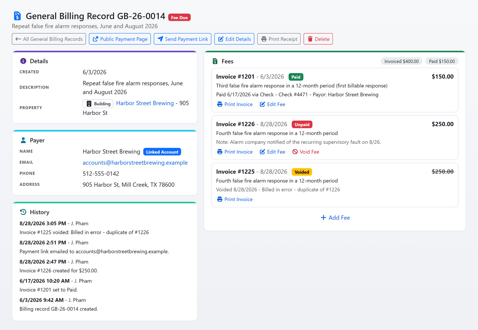 A General Billing record in FireInspection360: the payer, the property, three invoices with their Paid, Unpaid and Voided badges, and the record's history (sample data)