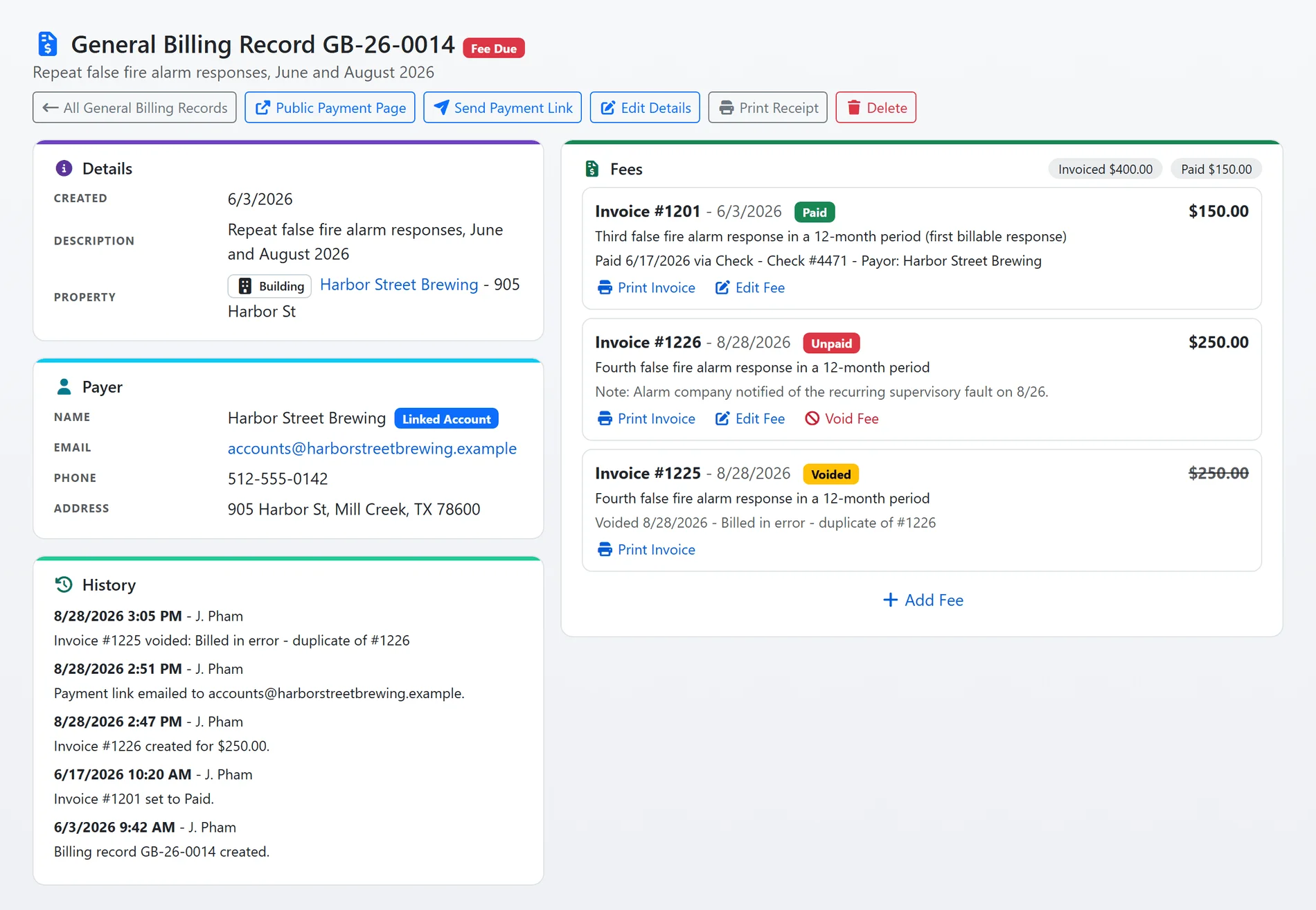 A General Billing record for repeat false fire alarm responses: the payer with a linked account, the property, a paid invoice, an unpaid one and a voided one, and the record's history (sample data)