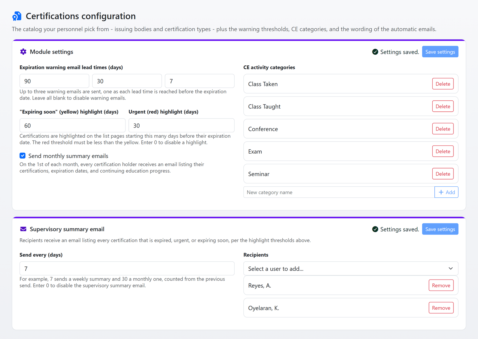 The certifications configuration page: expiration warning lead times of 90, 30 and 7 days, the expiring-soon and urgent highlight windows, the monthly summary switch, the CE activity categories, and the supervisory summary email sent every 7 days to two recipients (sample data)