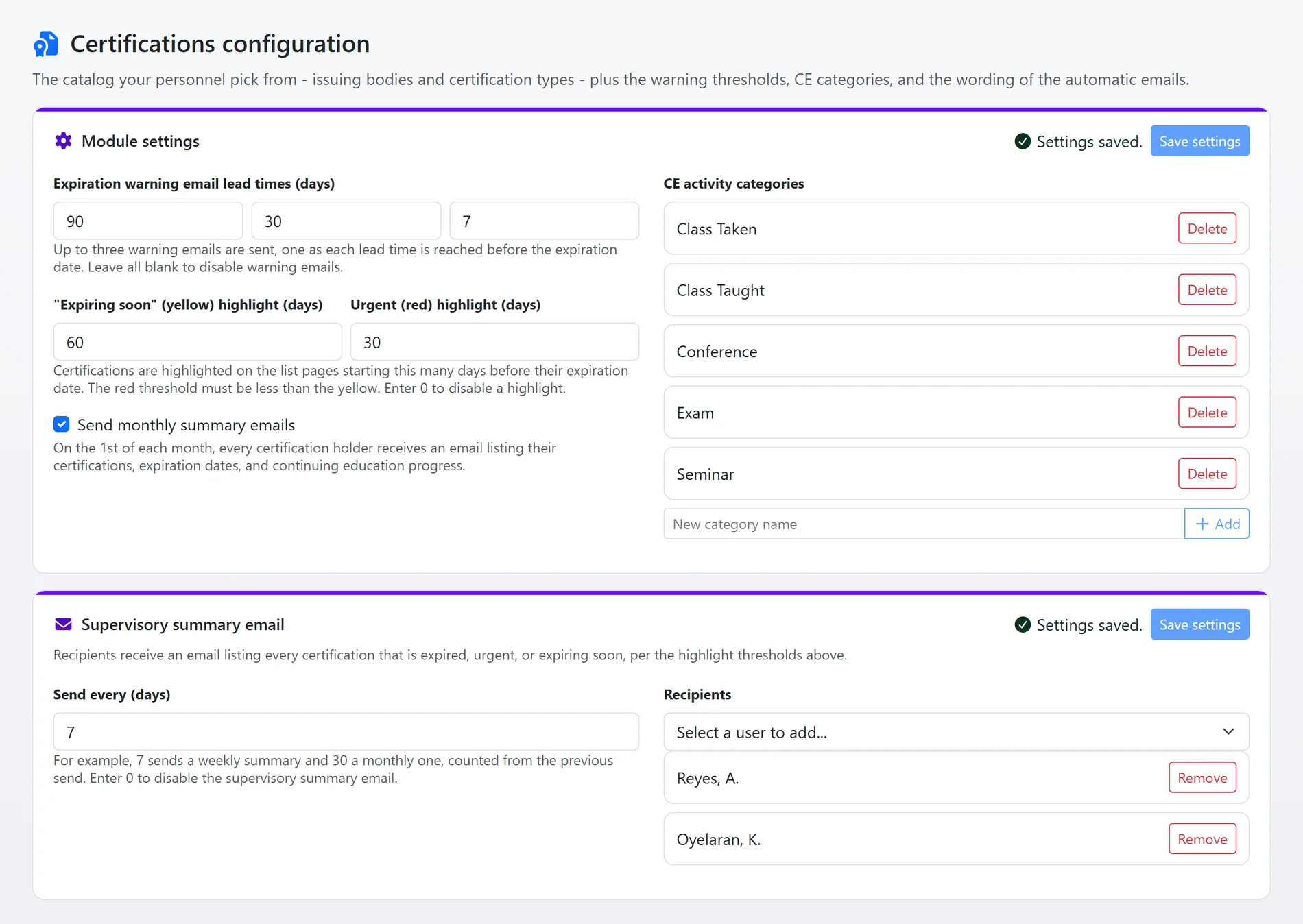 The certifications configuration page: expiration warning lead times of 90, 30 and 7 days, the expiring-soon and urgent highlight windows, the monthly summary switch, the CE activity categories, and the supervisory summary email sent every 7 days to two recipients (sample data)