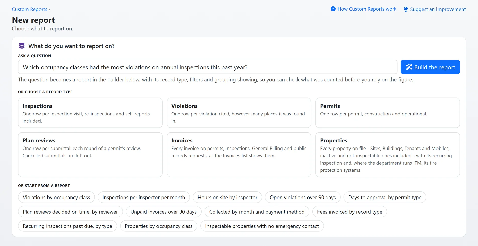Starting a new custom report with a question: Which occupancy classes had the most violations on annual inspections this past year?, typed in the Ask a question box above the record type cards and the starter reports (sample data)