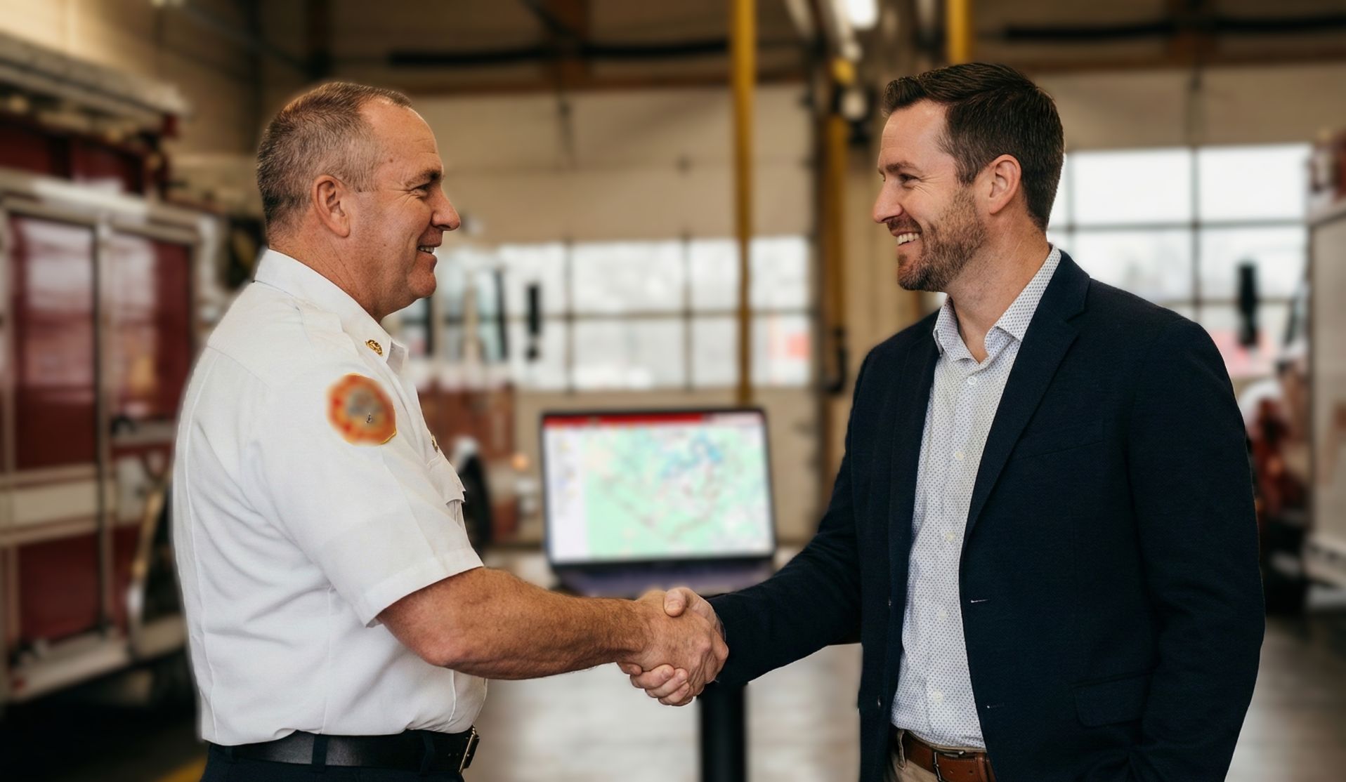A fire officer and a business owner shaking hands in a fire station