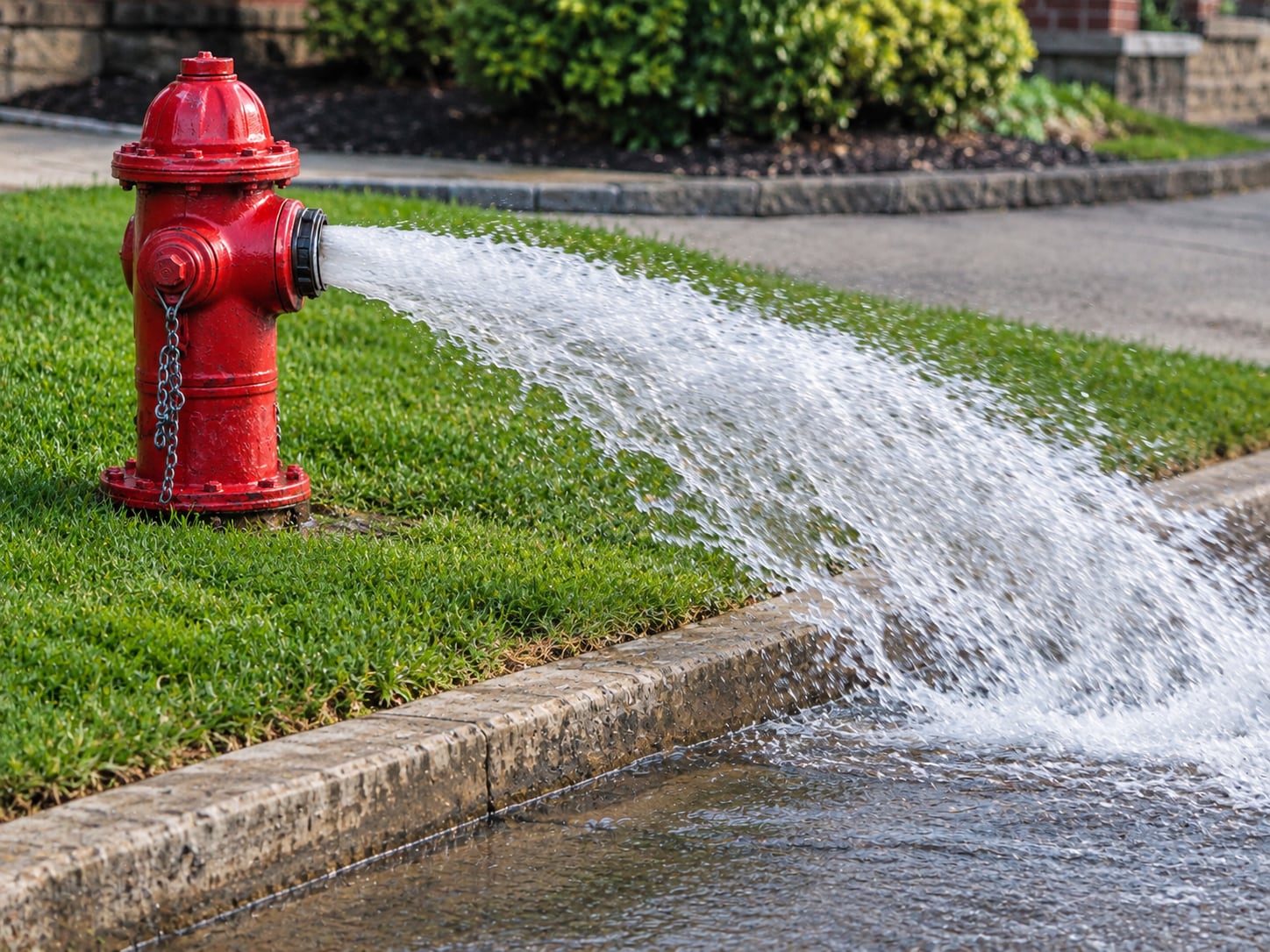 A red fire hydrant flowing water across a lawn into the street during a flow test