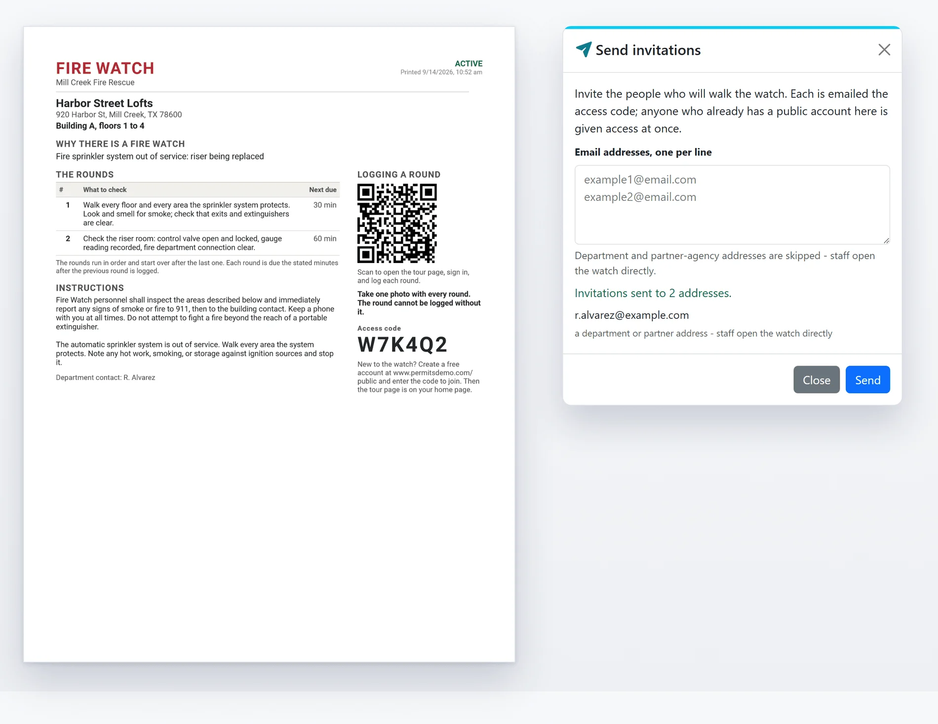 The printed fire watch handout for Harbor Street Lofts, with the rounds, the instructions, a QR code to the tour page and the access code, beside the Send invitations dialog (sample data)