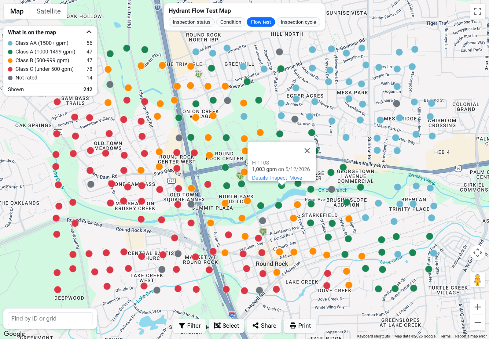 The hydrant flow test map in FireInspection360: every hydrant a dot in its NFPA 291 class colour, light blue for Class AA, green for A, orange for B, red for C and grey for not rated, with the legend counts, the layer buttons and a hydrant's flow test open in a popup (sample data)
