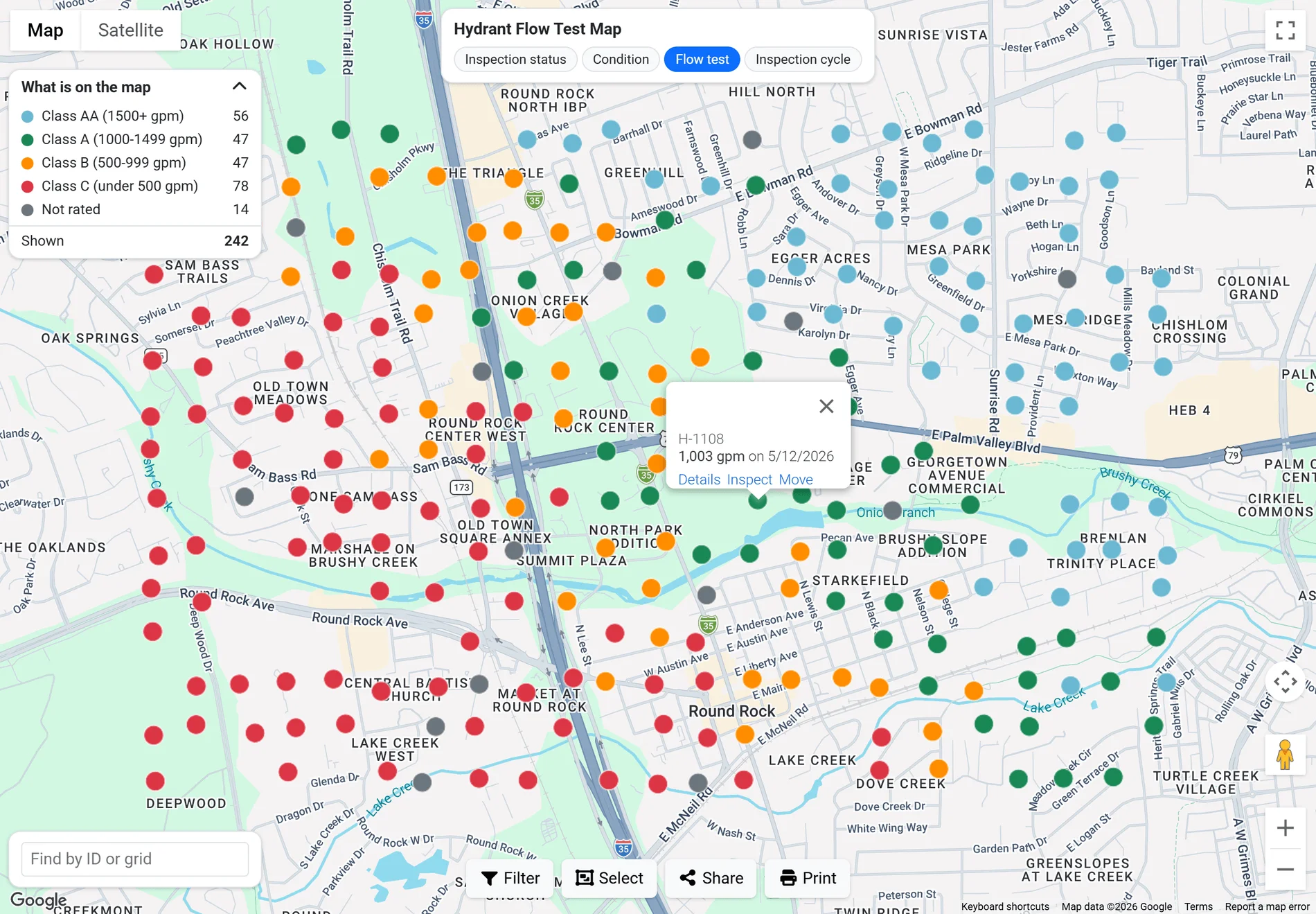 The hydrant map on its Flow test layer: hundreds of hydrants as dots coloured by NFPA 291 class, light blue Class AA, green Class A, orange Class B, red Class C and grey not rated, the What is on the map panel counting each class, the four layer buttons, the search box, the Filter, Select, Share and Print actions, and a popup on one hydrant reading its flow at 20 psi and the test date (sample data)
