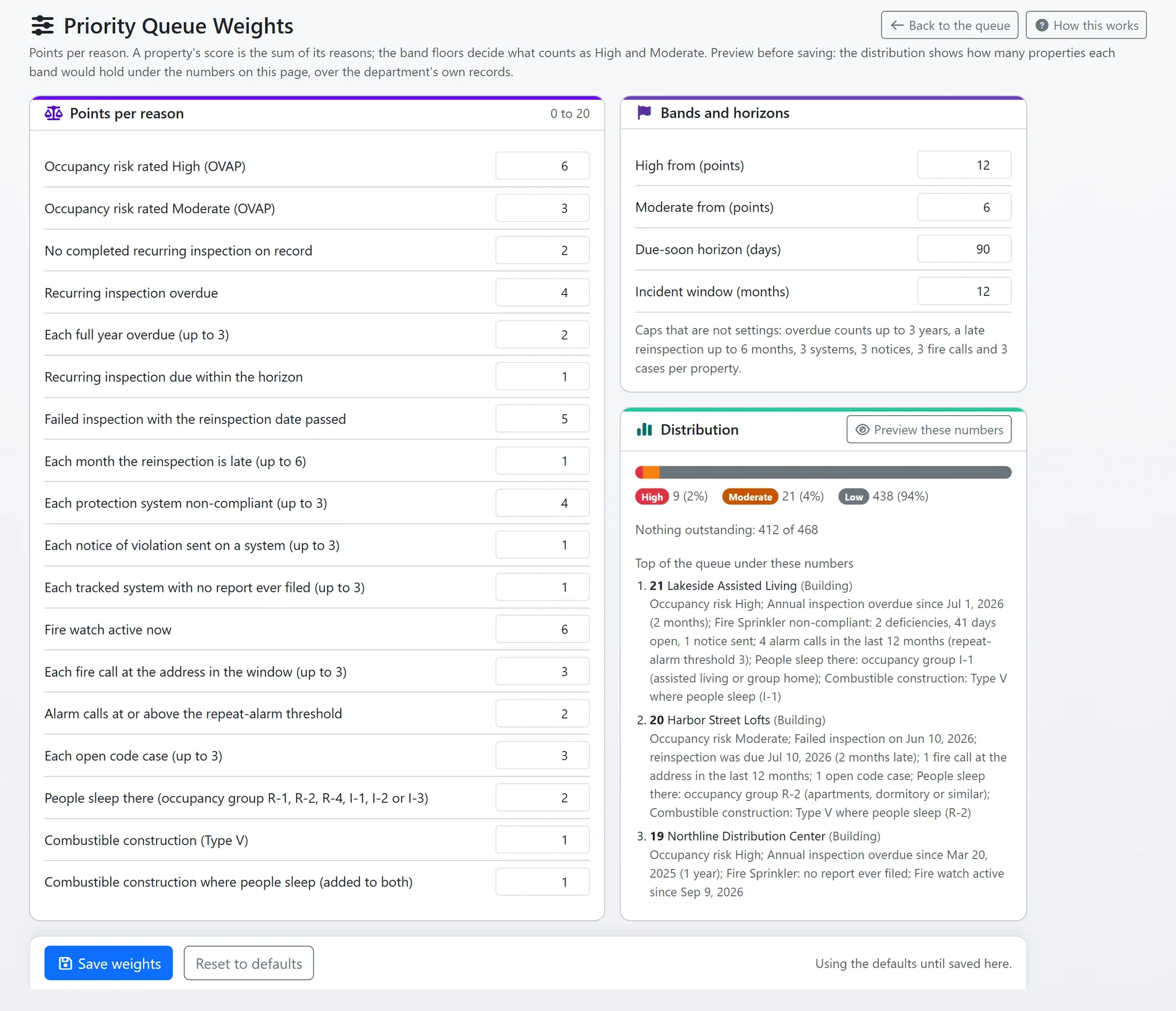 The Priority Queue Weights page in FireInspection360: points per reason for every factor, the band floors, and a preview of how many properties would fall into High, Moderate and Low with the top of the queue and its printed reasons (sample data)