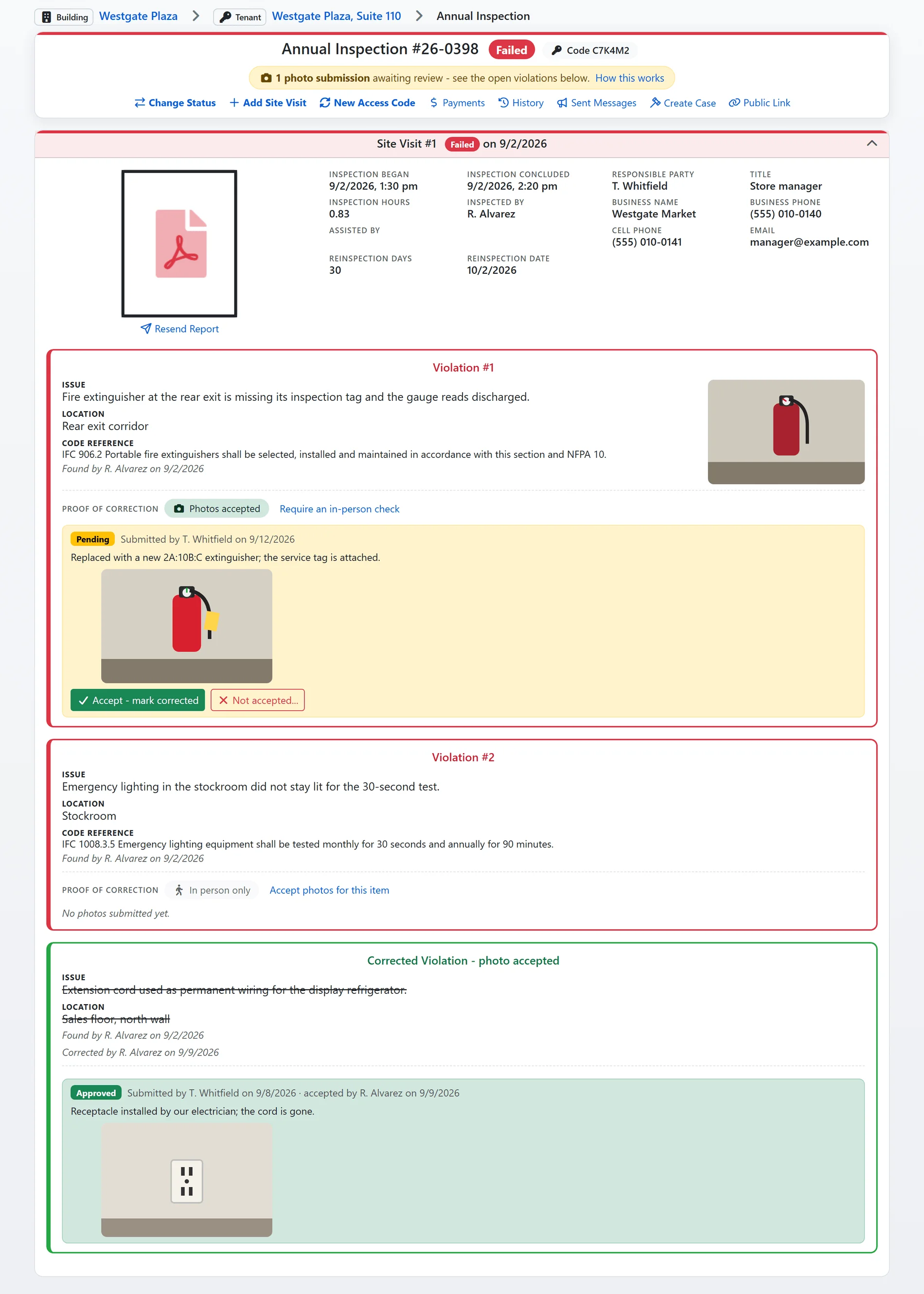A failed inspection's record in FireInspection360: the access code on the header, one photo submission awaiting review, and an open violation with the business's photo and the Accept and Not accepted buttons (sample data)