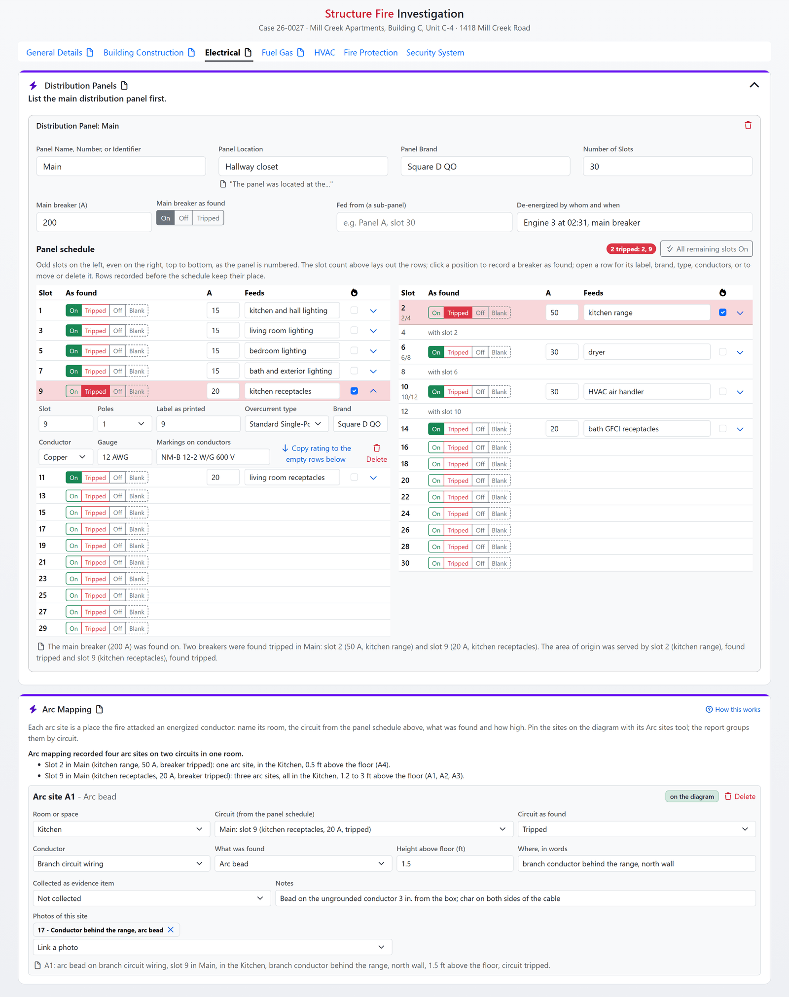 Distribution panel schedule and arc mapping in FireInspection360: slots with position-as-found chips, the tripped-breaker sentence, and arc sites grouped per circuit (sample data)