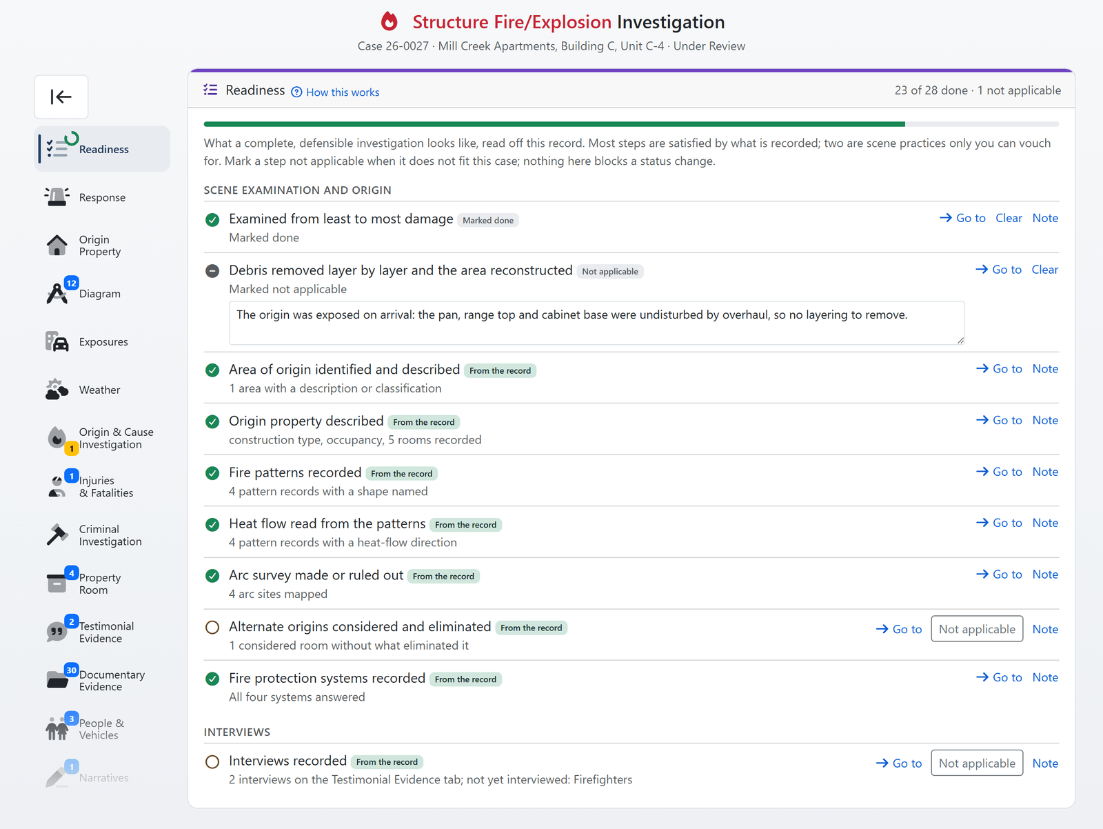Case readiness in FireInspection360: the sidebar ring and the Readiness tab with steps derived from the record (sample data)