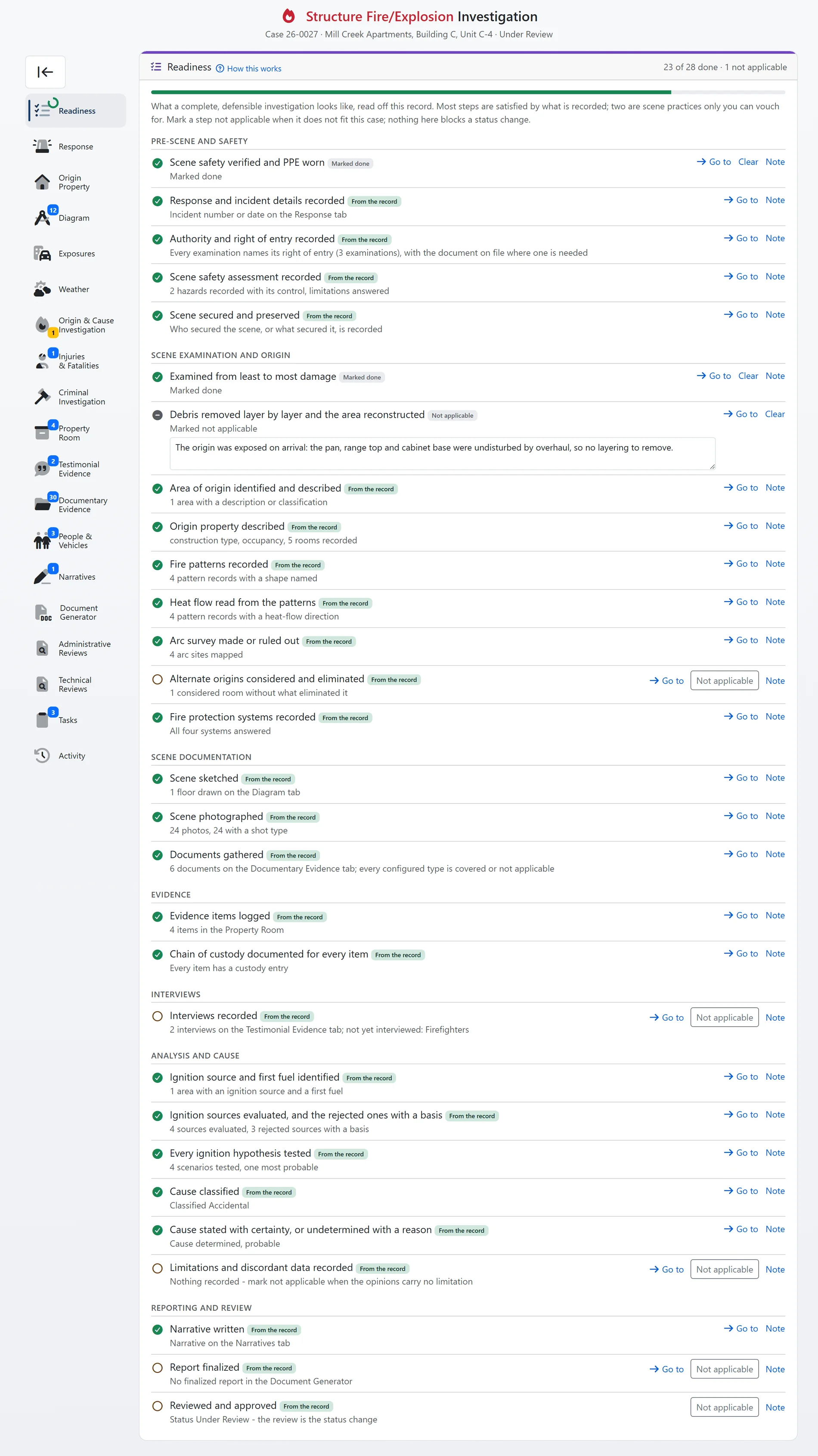 The Readiness tab enlarged: sections of steps with their state, the derived sentence for each, notes, the not-applicable control and the sidebar ring (sample data)