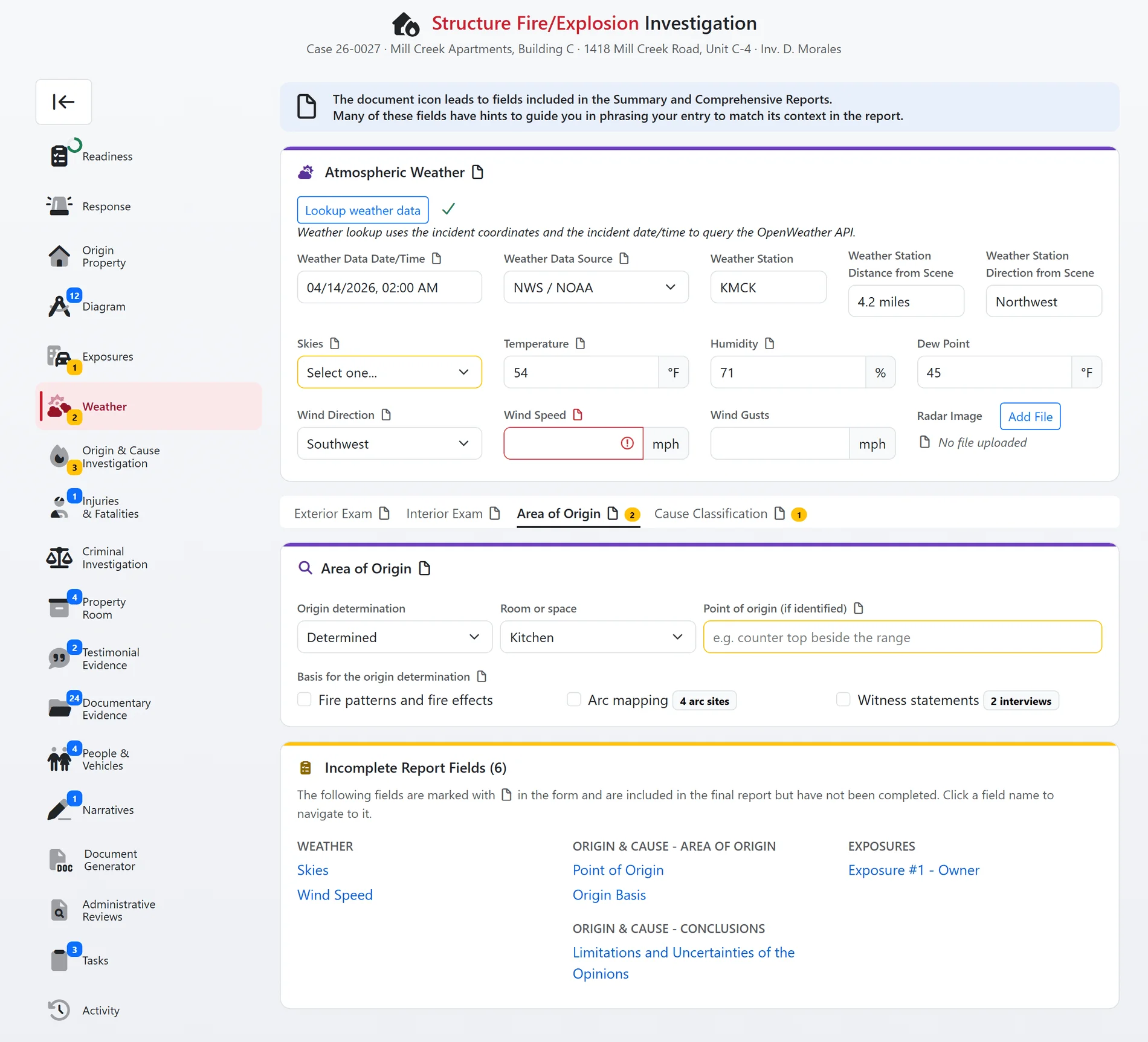 Incomplete report fields enlarged: the sidebar with per-tab counts, a form card with amber and red report-required marks, and the Incomplete Report Fields card listing each missing field with a link (sample data)