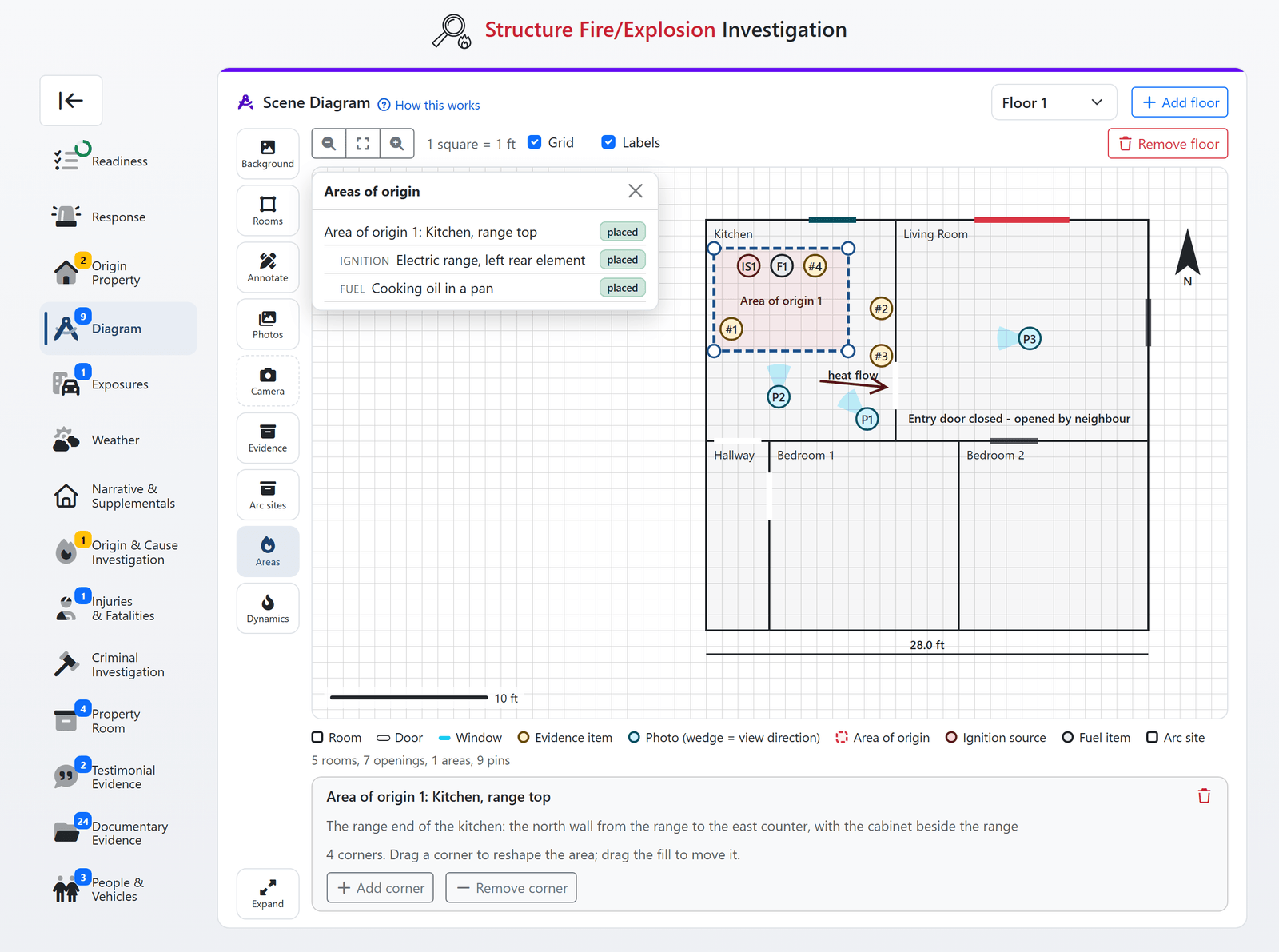 Scene sketch in FireInspection360: a floor plan with rooms, doors and windows, an area of origin, ignition, fuel, evidence and photo pins, a north arrow and a scale bar (sample data)