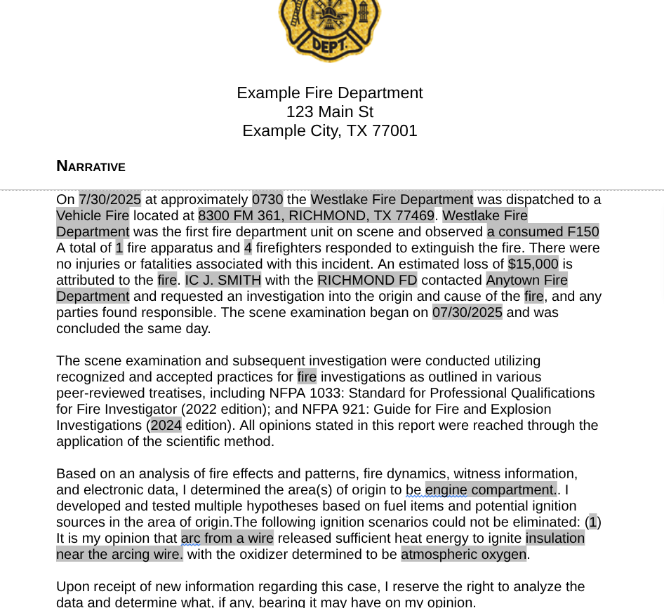 A generated investigation report in FireInspection360, with the case's narratives, photos and findings merged into the department's own template (sample data)