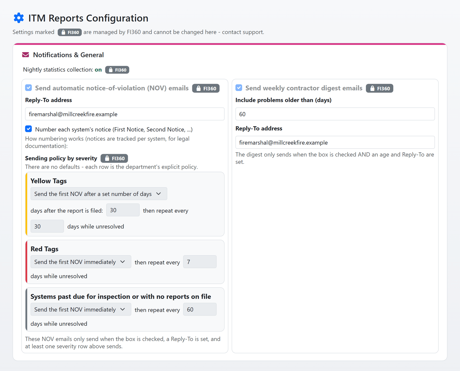 The ITM notice settings in FireInspection360: the automatic notice-of-violation switch, per-system notice numbering, the sending policy by severity, and the weekly contractor digest (sample data)