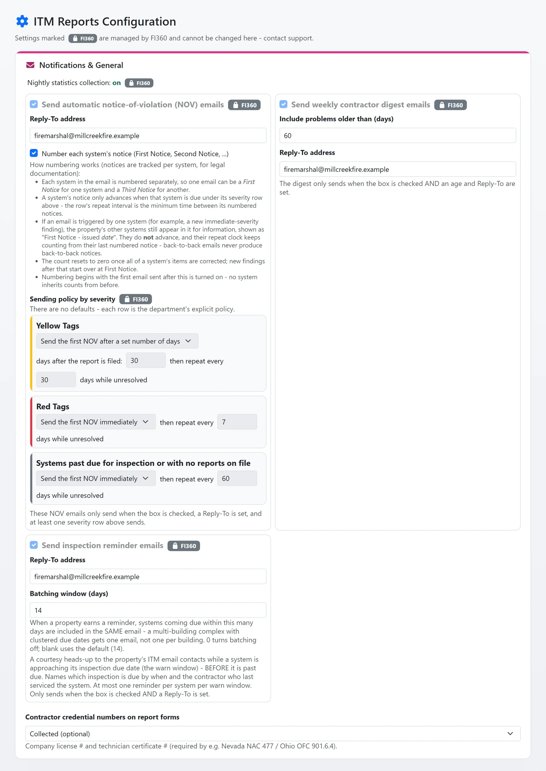 The whole Notifications and General card, enlarged: the notice-of-violation switch and Reply-To, how numbering works, the sending policy rows by severity, the contractor digest, the inspection reminders with their batching window and the credential setting (sample data)