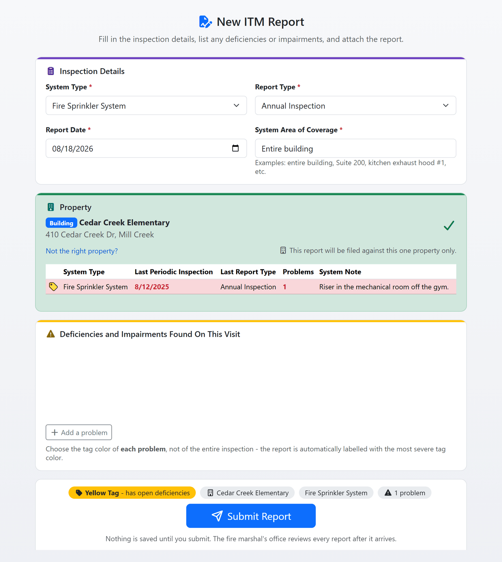 The one-page ITM report form in FireInspection360: inspection details, the property with its current system status, and the findings with a tag for each (sample data)