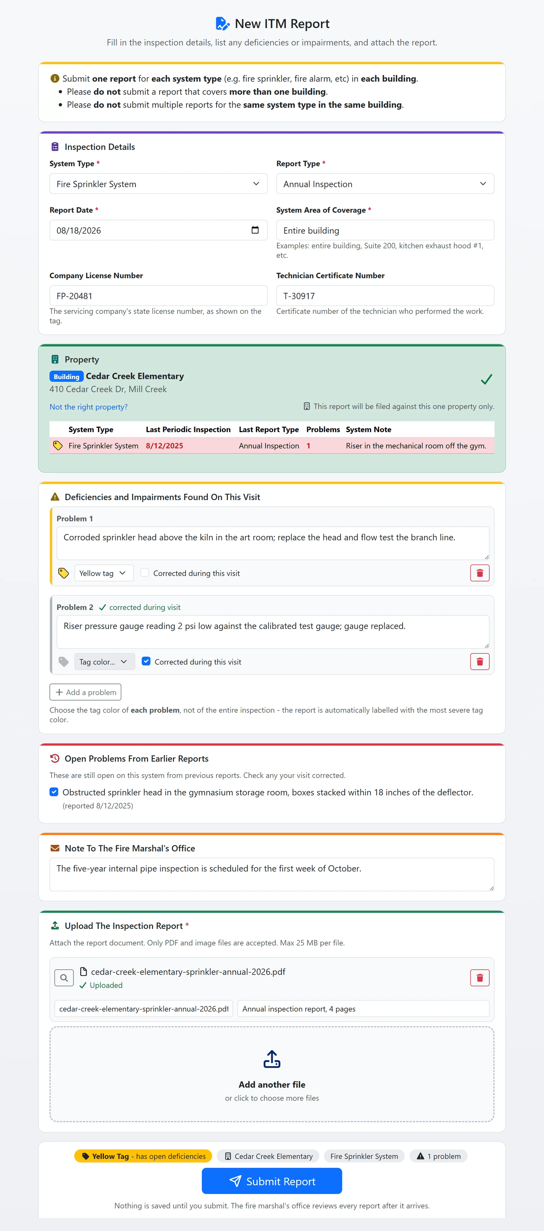 The whole ITM report form, enlarged: the instructions, inspection details, the property card with its system status table, the findings with their tags, open problems from earlier reports, the note, the uploaded report and the submit sheet (sample data)
