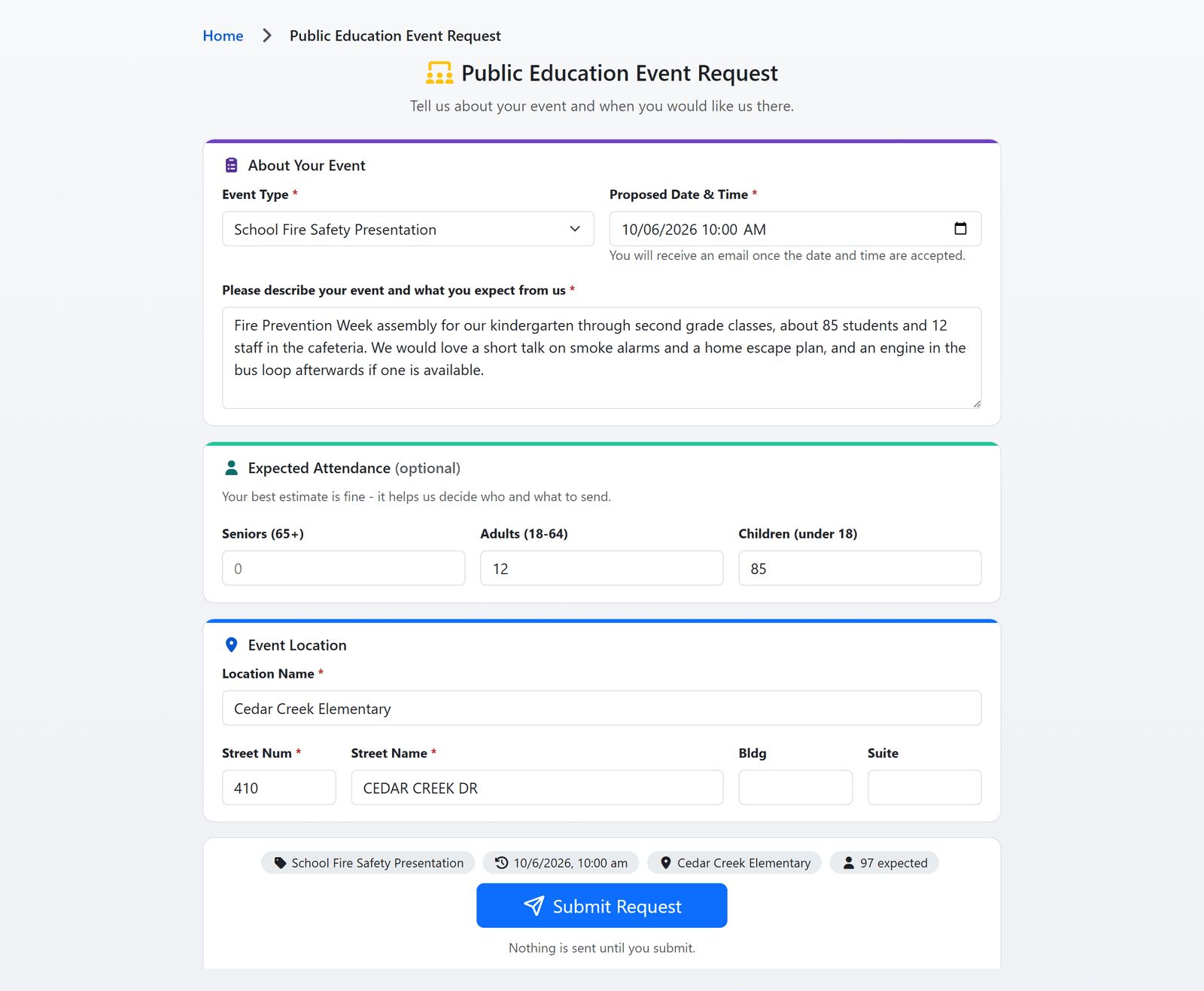 The public education event request form on a department's portal: a school asks for a fire safety presentation, with the proposed date, the expected attendance and the location (sample data)