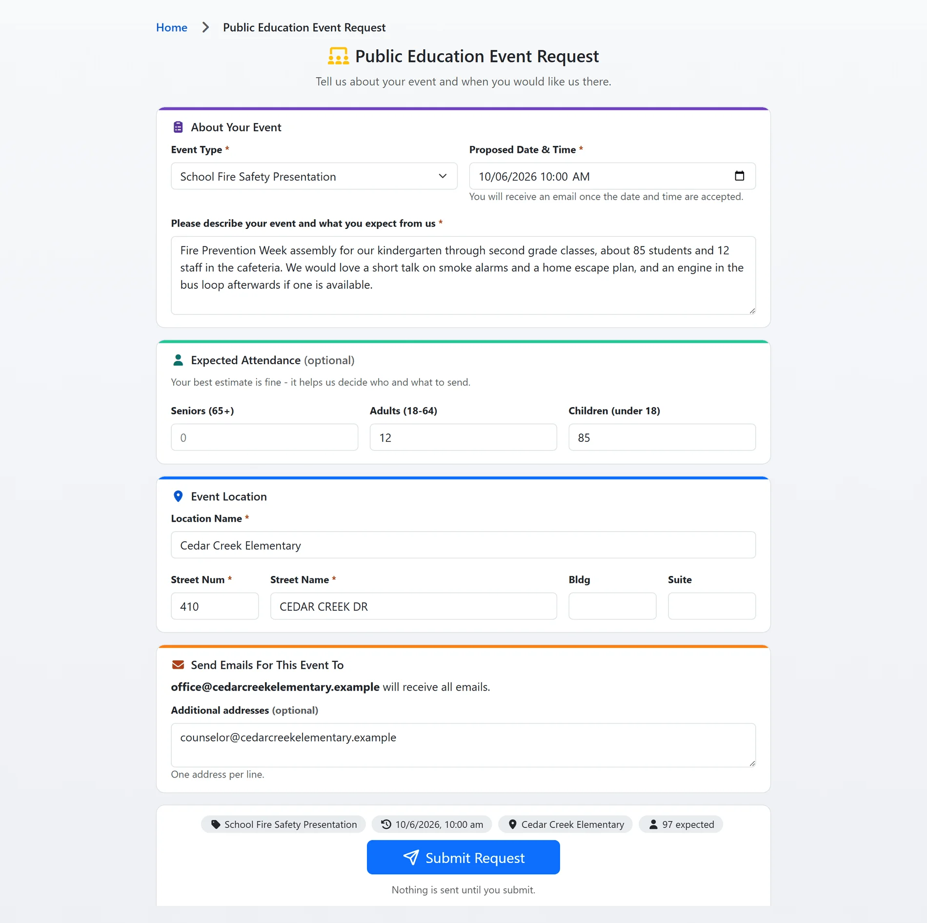 The public education event request form: event type, proposed date and time, a description, expected attendance, the location's address and the email addresses to keep informed, with a submit bar summarising the request (sample data)