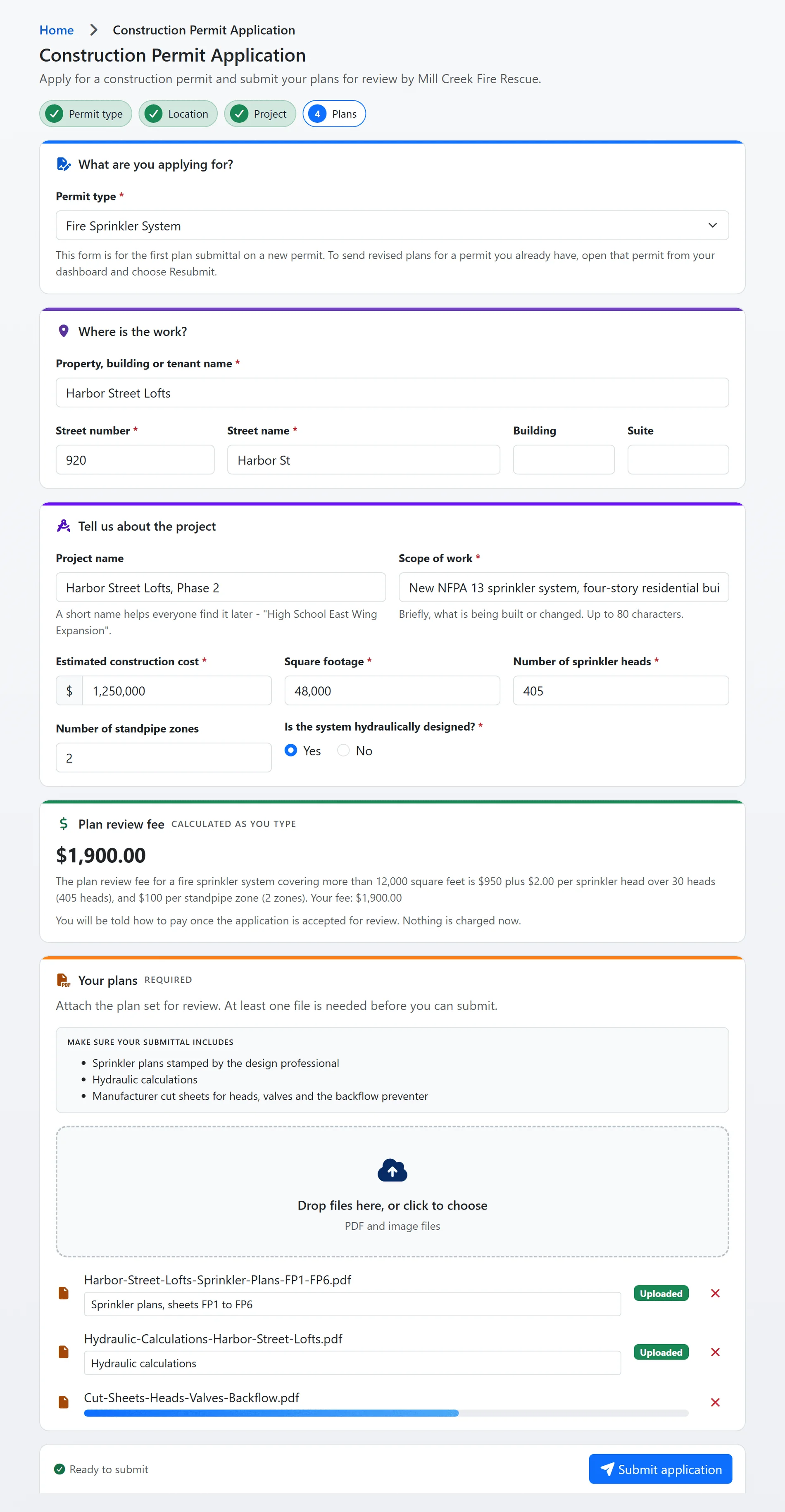 The public construction permit application: the project card with construction cost, square footage, sprinkler heads and standpipe zones, the plan review fee calculated as you type, and the plan set uploaded with a document checklist (sample data)