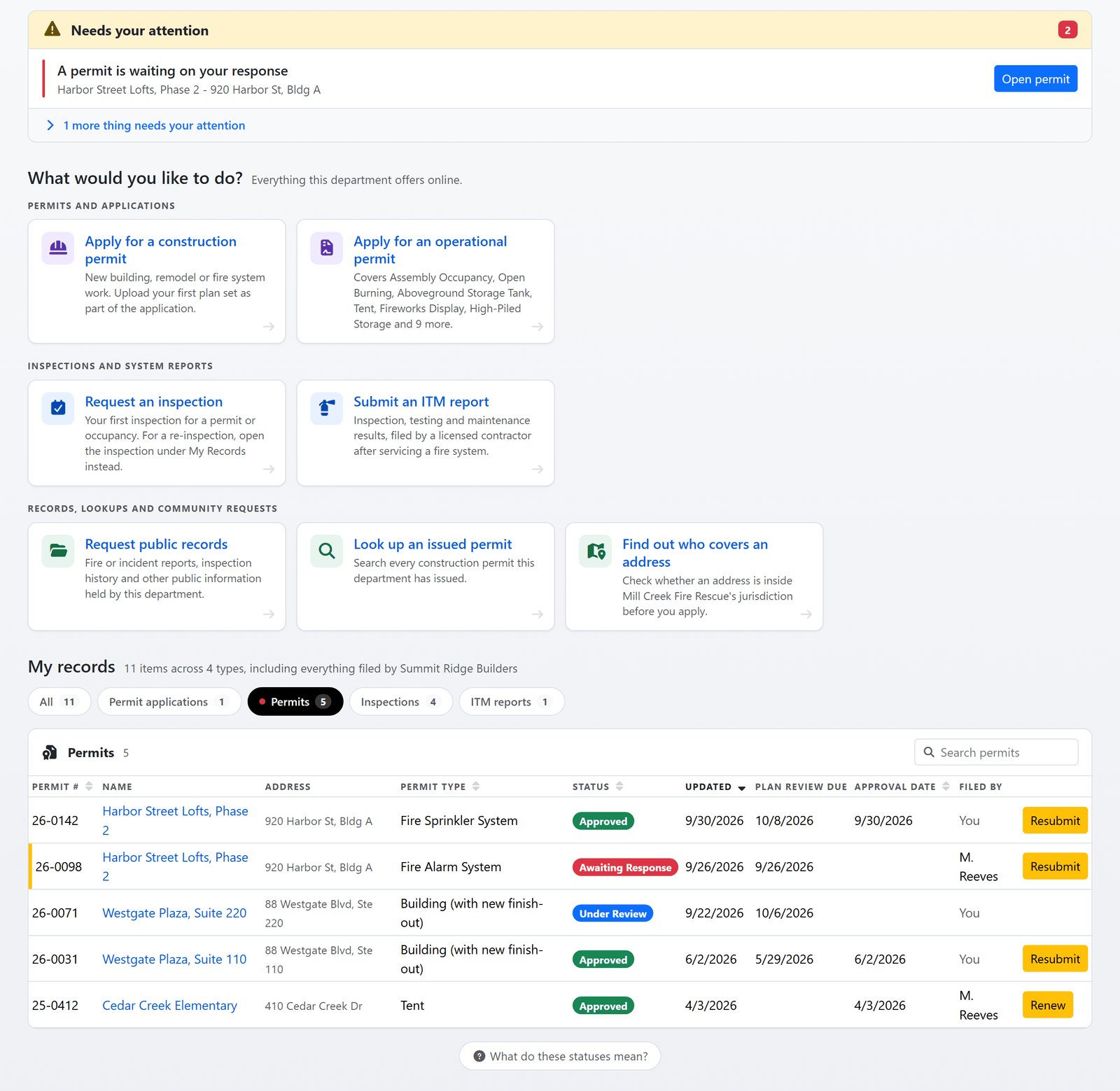 The applicant's dashboard on the public portal: a needs-your-attention band, the department's online services as tiles, and the applicant's permits with status, plan review due date and approval date, with Resubmit and Renew buttons on the rows (sample data)
