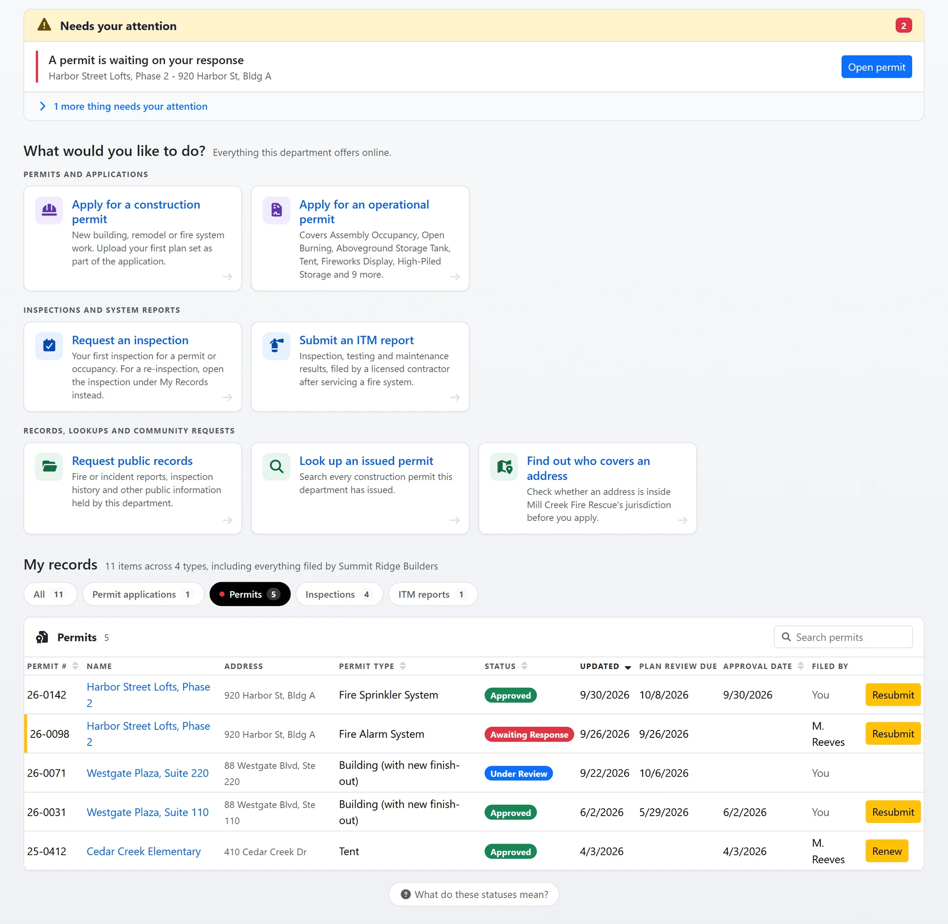 The applicant's dashboard on the public portal: a needs-your-attention band, the department's online services as tiles, and the applicant's permits with status, plan review due date and approval date, with Resubmit and Renew buttons on the rows (sample data)