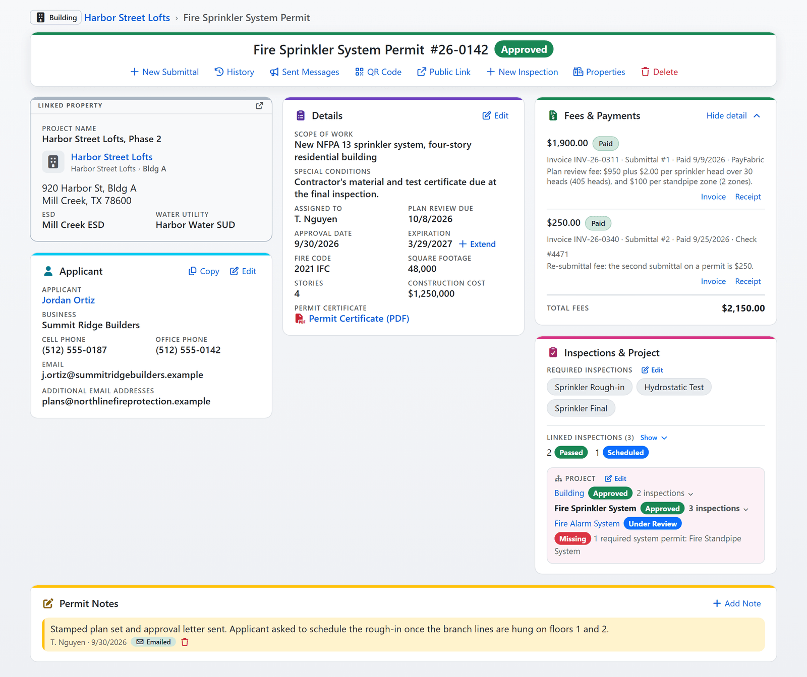 An approved permit's record page: the linked property, details, fees and payments with two paid invoices, required and linked inspections with a project tree of related permits, the applicant, a note, and attachments (sample data)