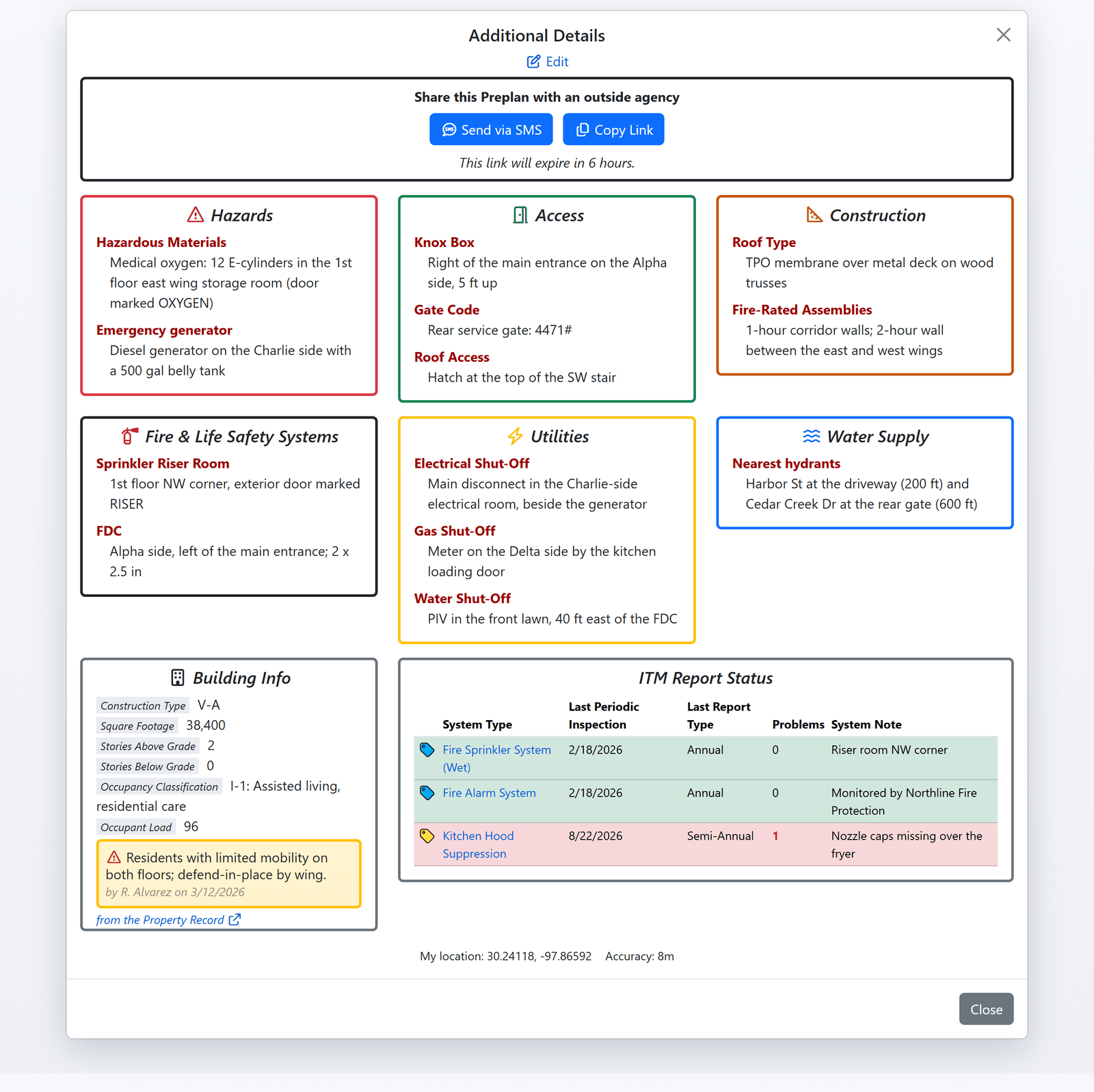A preplan's Additional Details in FireInspection360 for Lakeside Assisted Living: the share card, the hazards, access, construction, fire and life safety systems, utilities and water supply worksheet cards, the building facts with a hazard note, and the ITM report status of three systems (sample data)