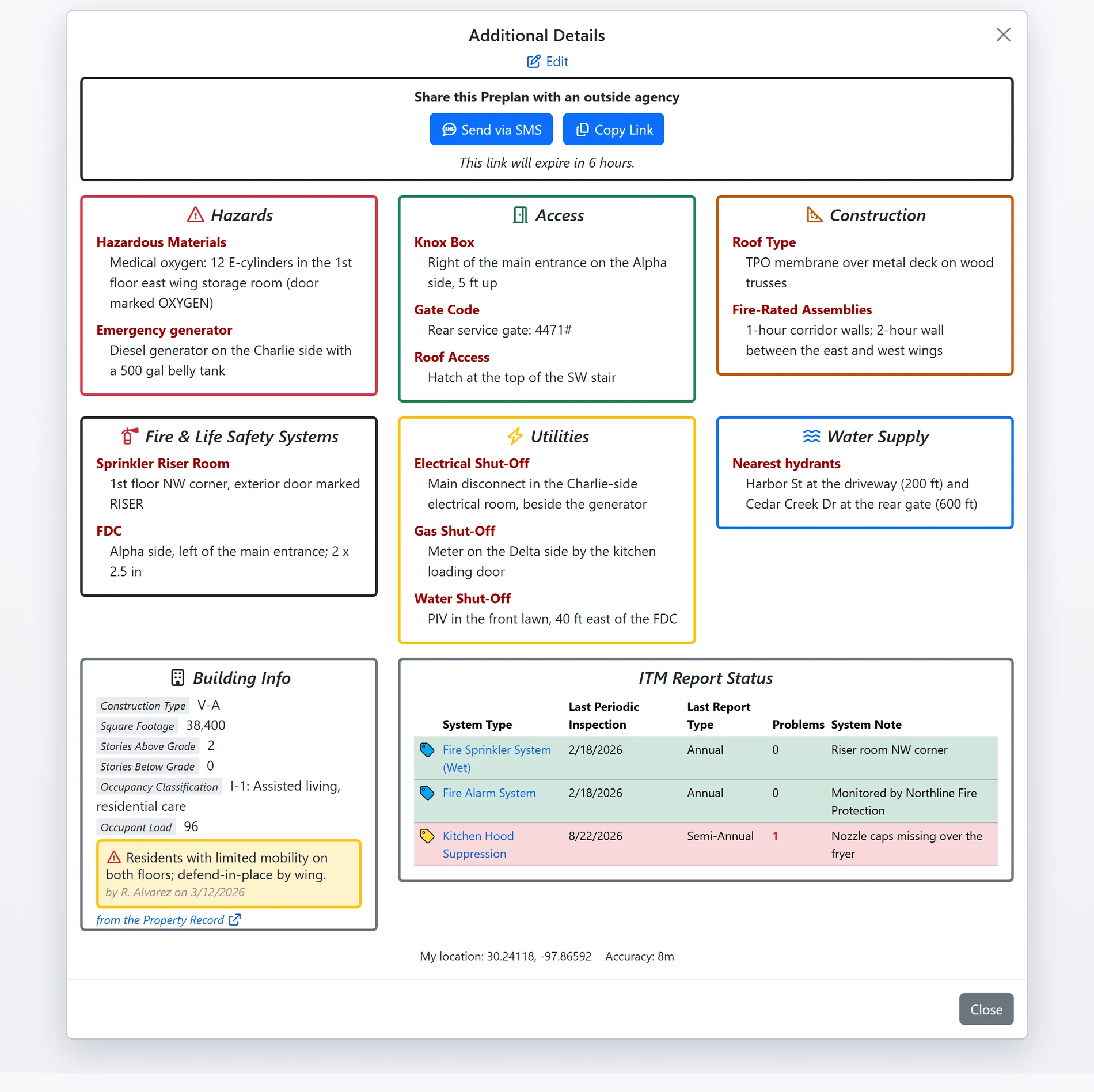 A preplan's Additional Details in FireInspection360 for Lakeside Assisted Living: the share card, the hazards, access, construction, fire and life safety systems, utilities and water supply worksheet cards, the building facts with a hazard note, and the ITM report status of three systems (sample data)