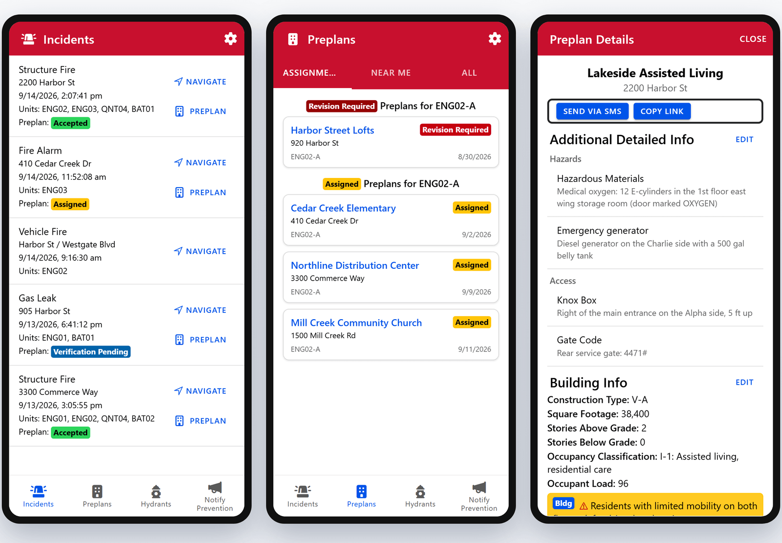 Three screens of the FireInspection360 app: the Incidents tab with a dispatched structure fire and its Preplan button, the Preplans tab with a unit's assigned preplans, and a preplan's details with the building facts and hazards (sample data)