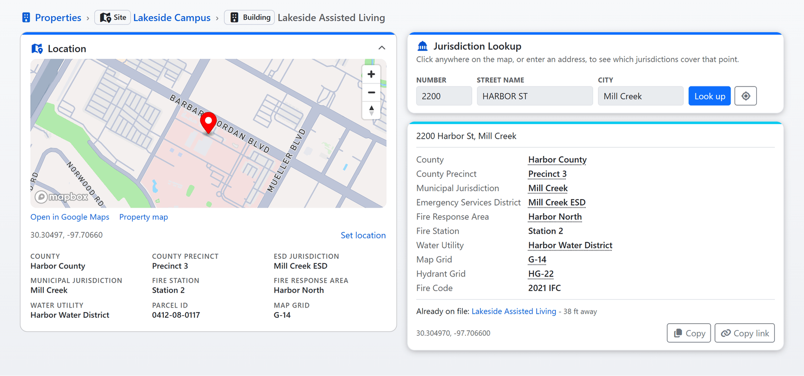 A property's Location card with its map pin, coordinates and the jurisdictions looked up for it, beside the jurisdiction lookup page's panels answering the same address with county, precinct, municipality, emergency services district, response area, station, water utility, grids and fire code (sample data)