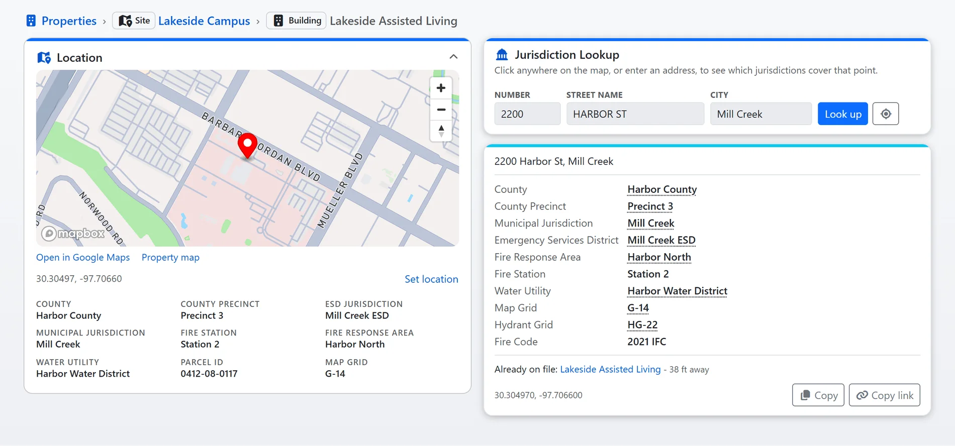 A property's Location card with its map pin, coordinates and the jurisdictions looked up for it, beside the jurisdiction lookup page's panels answering the same address with county, precinct, municipality, emergency services district, response area, station, water utility, grids and fire code (sample data)