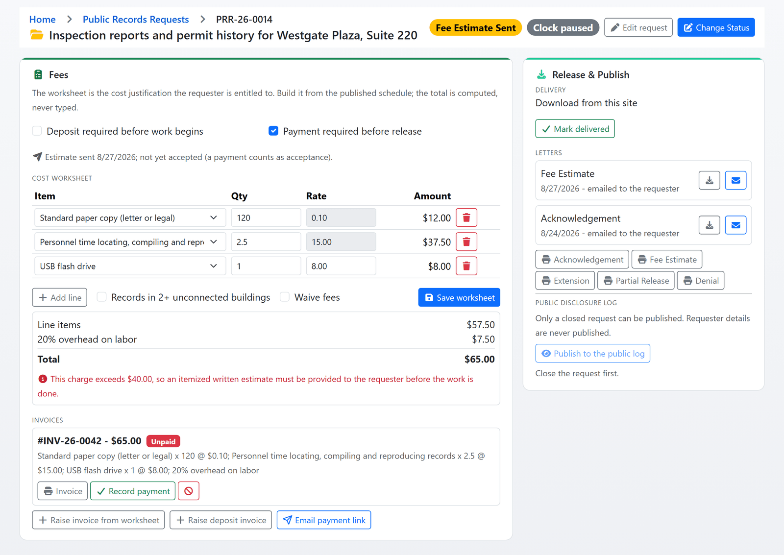 The Fees card on a records request: the cost worksheet with copies, personnel time and a USB drive priced from the schedule, the overhead line and total, the written-estimate warning, an unpaid invoice with a Record payment button, and the letters card beside it (sample data)