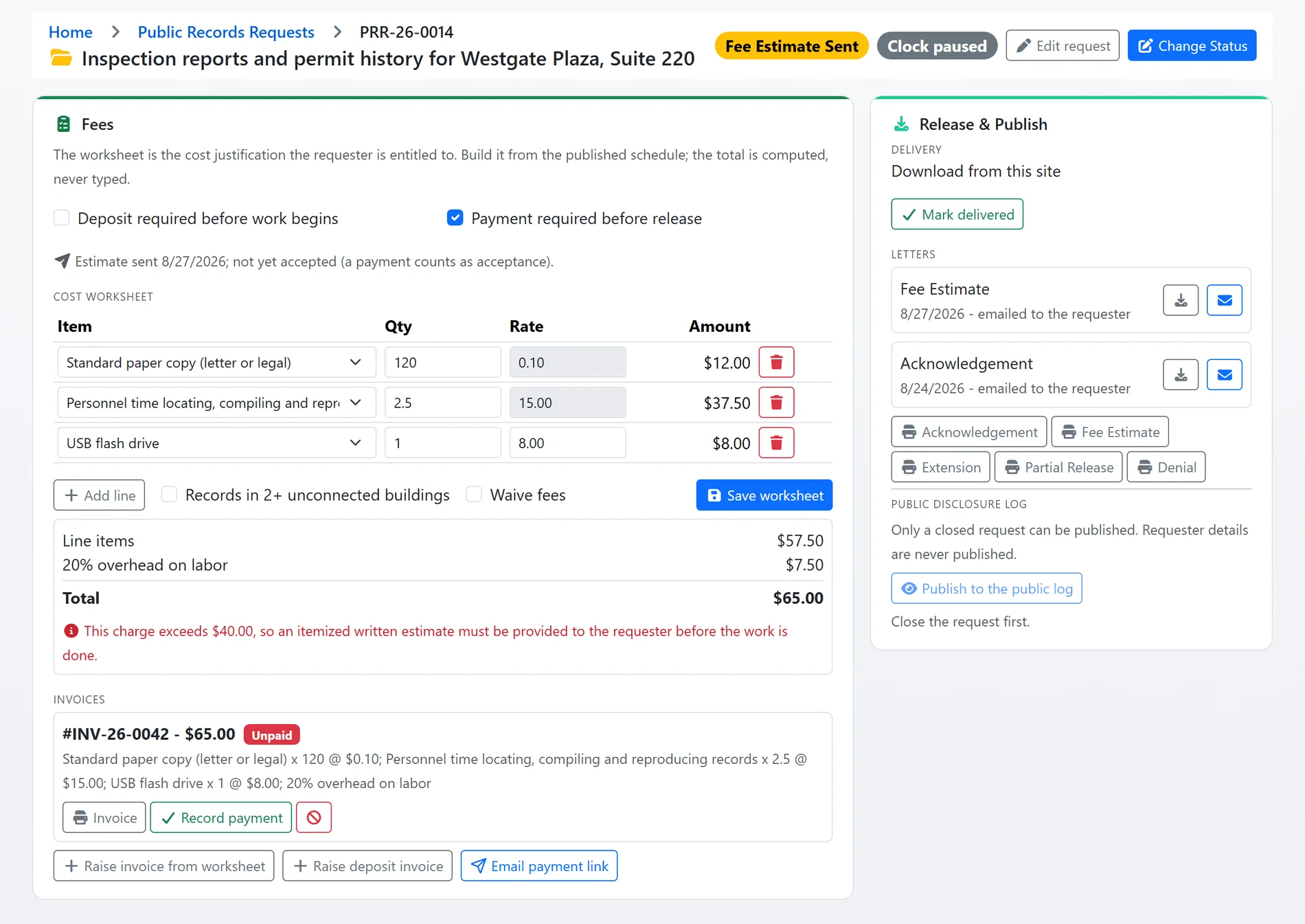 The Fees card on a records request: the cost worksheet with copies, personnel time and a USB drive priced from the schedule, the overhead line and total, the written-estimate warning, an unpaid invoice with a Record payment button, and the letters card beside it (sample data)