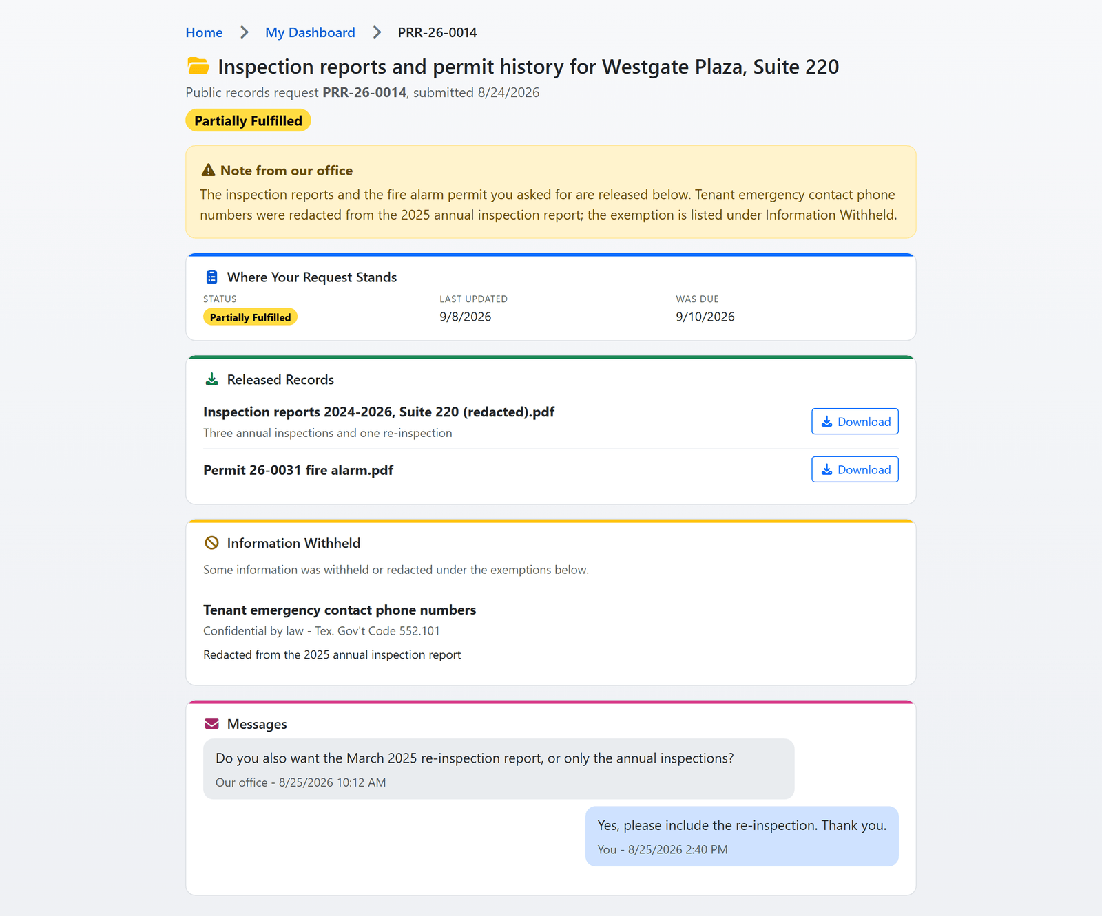 The requester's own page for a partially fulfilled request: the note from the office, where the request stands with its due date, the released records with Download buttons, the information withheld with its statutory citation, and the message thread (sample data)
