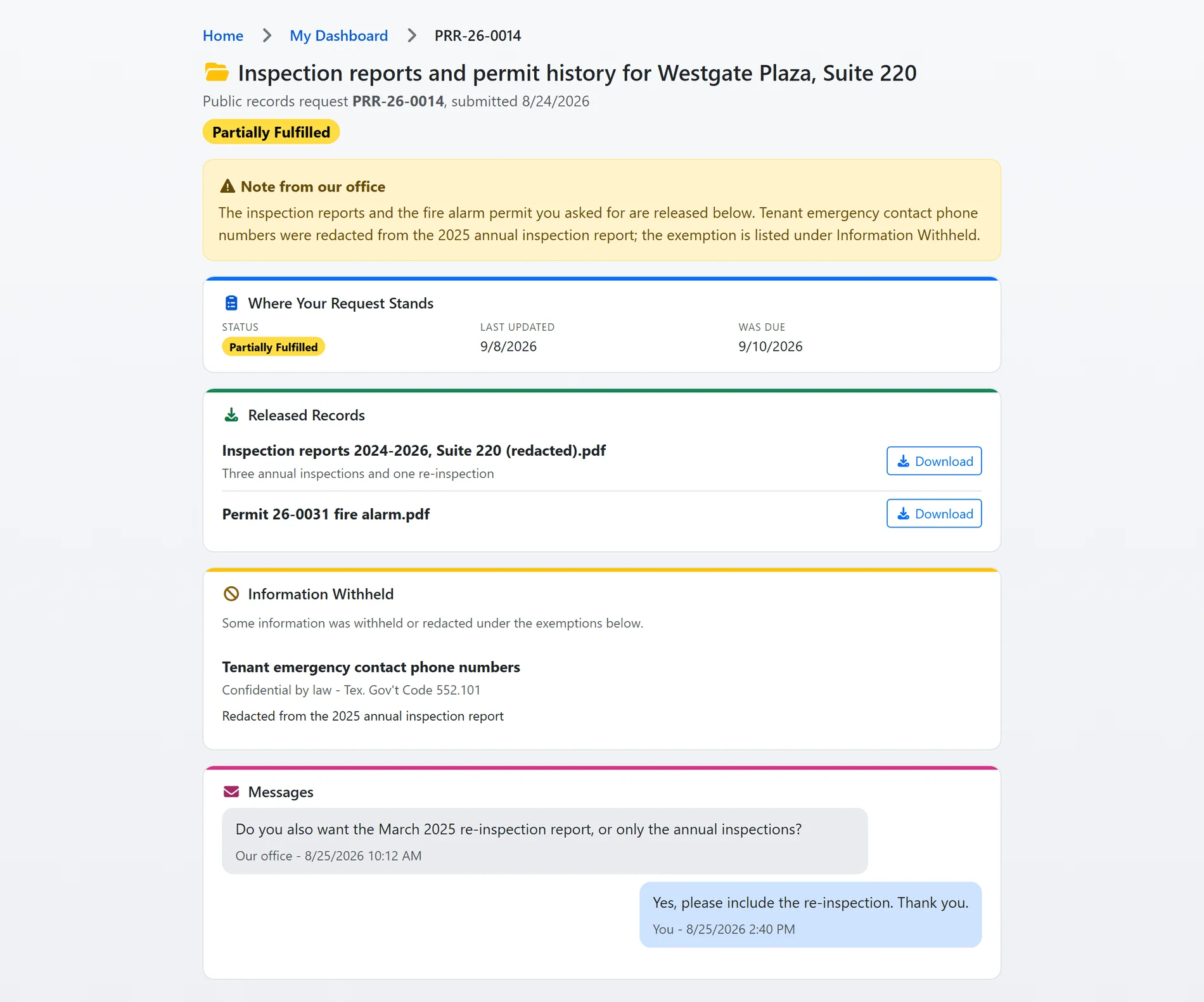 The requester's own page for a partially fulfilled request: the note from the office, where the request stands with its due date, the released records with Download buttons, the information withheld with its statutory citation, and the message thread (sample data)