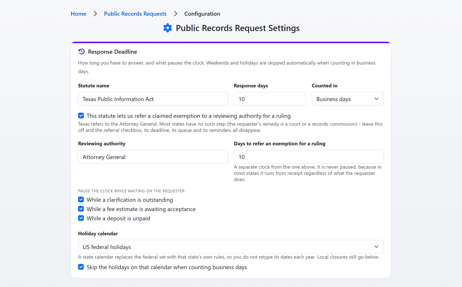 The records request settings page: the statute name, response days counted in business days, the reviewing-authority referral switch, the three pause rules and the holiday calendar (sample data)
