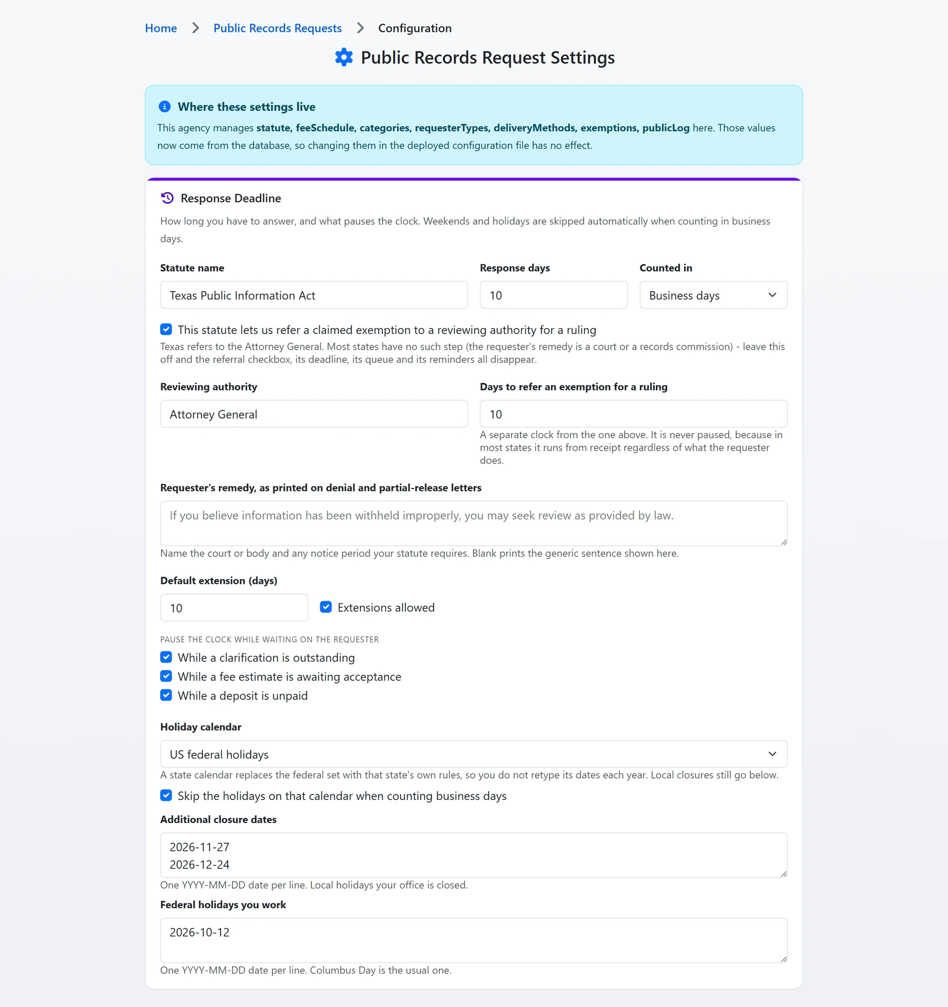 The whole Response Deadline settings card: statute, response days, the referral clock, the remedy sentence printed on letters, the default extension, the pause rules, the holiday calendar and the closure dates (sample data)
