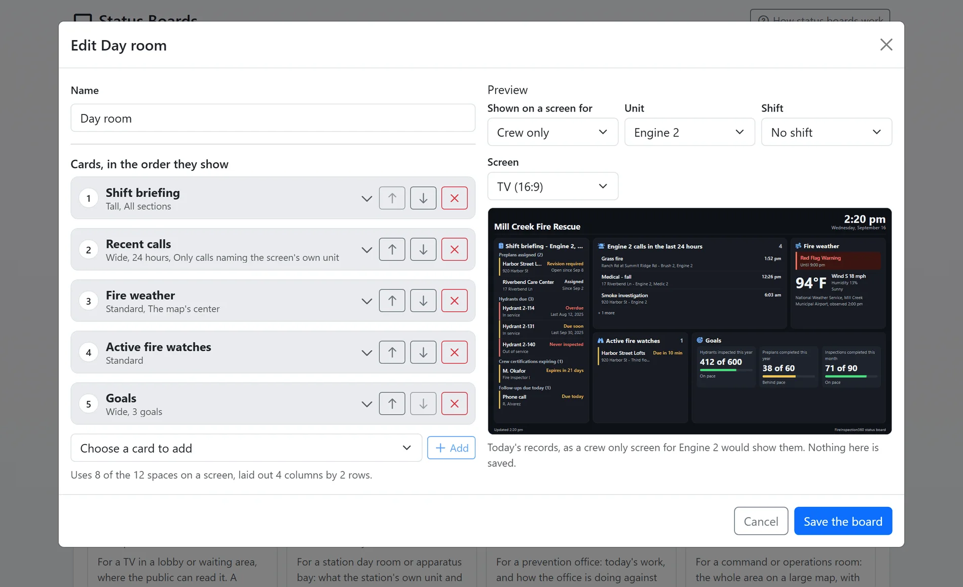 The board editor on the Status Boards page: five cards in order with each card's size and options folded to one line, the space they take on a screen, and a live preview of the board as a crew screen for Engine 2 would show it (sample data)